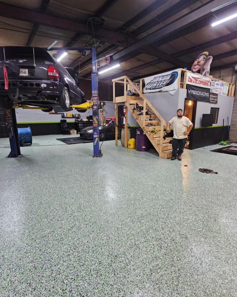 Workshop garage with epoxy flooring