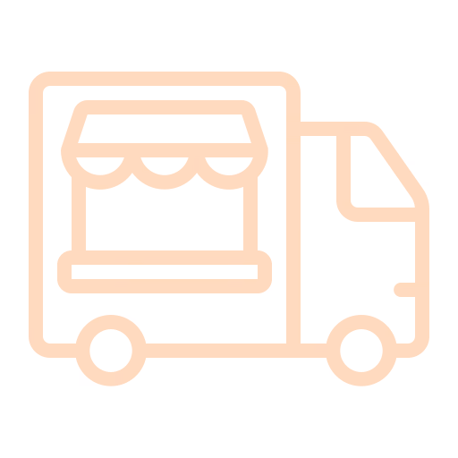 Outline of a food truck with a striped awning on its serving window.