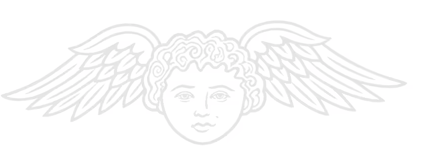 Black and white line drawing of a cherub face with curly hair and feathered wings.