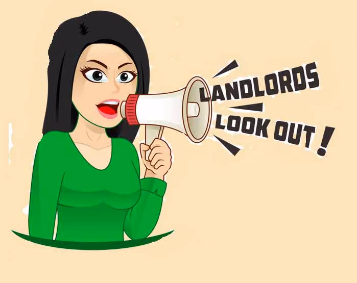 Woman in green shirt speaking into a megaphone with text saying Landlords Look Out!