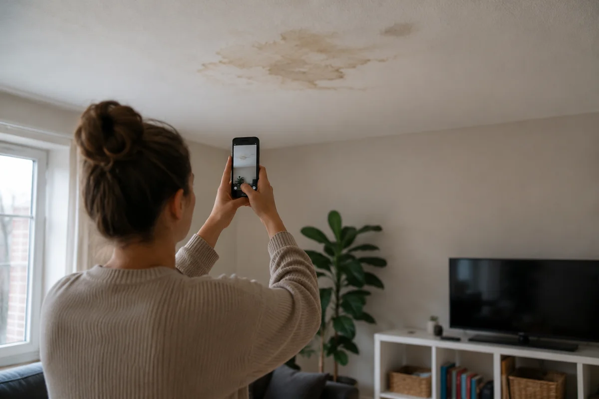 A person filming water damage at home with their phone