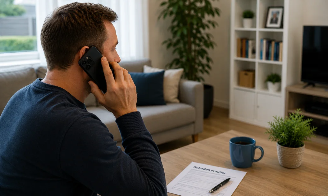A service agent at a desk on the phone, looking puzzled at unclear photos on a screen