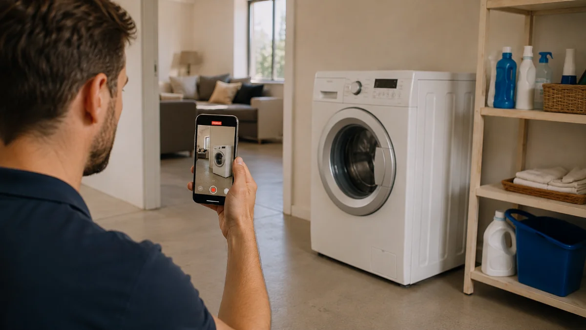 Collage: washing machine, car on a driveway, living-room water damage, an installation — each with a phone filming it