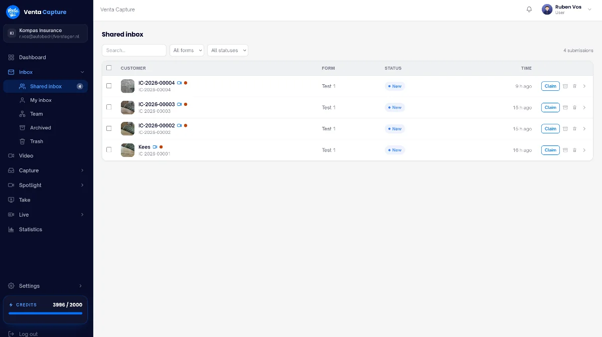 Dashboard: submissions list and detail view