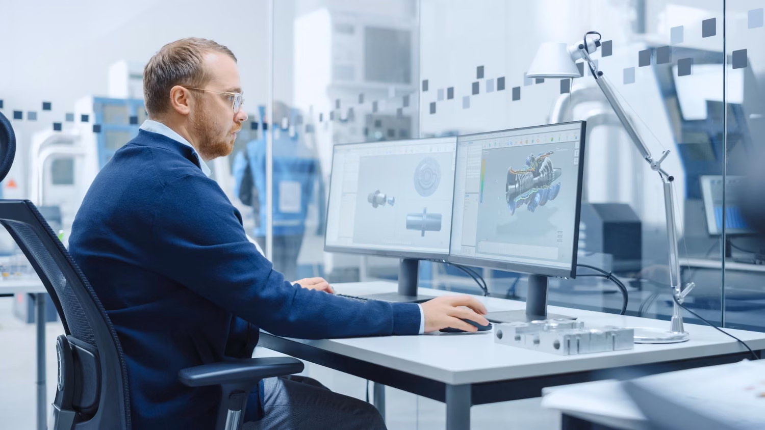 Mężczyzna przy dwóch monitorach z cyfrowym modelem technicznym