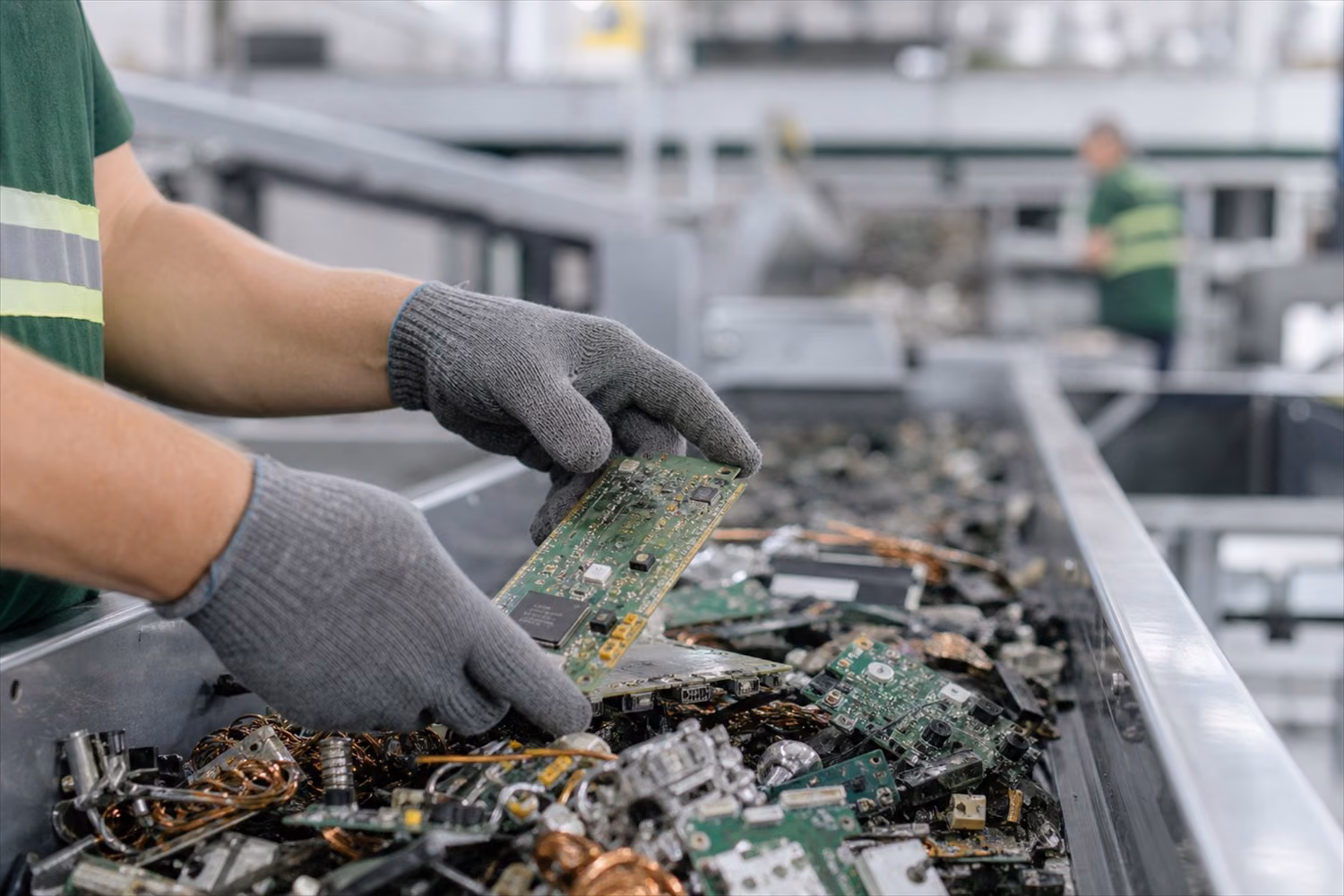 Pracownik w rękawicach sortujący płytki i części elektroniczne
