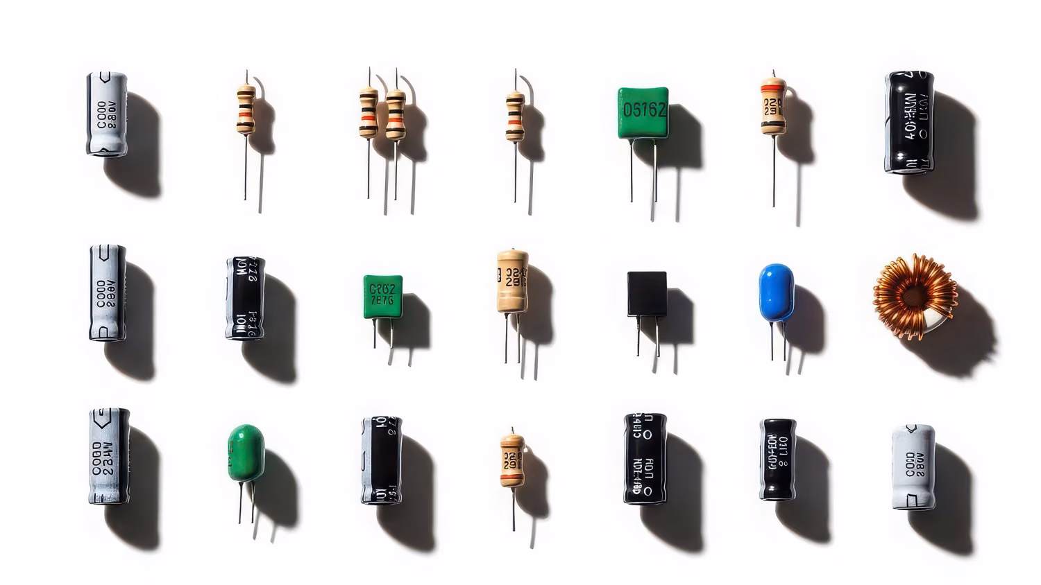 Różne komponenty elektroniczne ułożone na białym tle