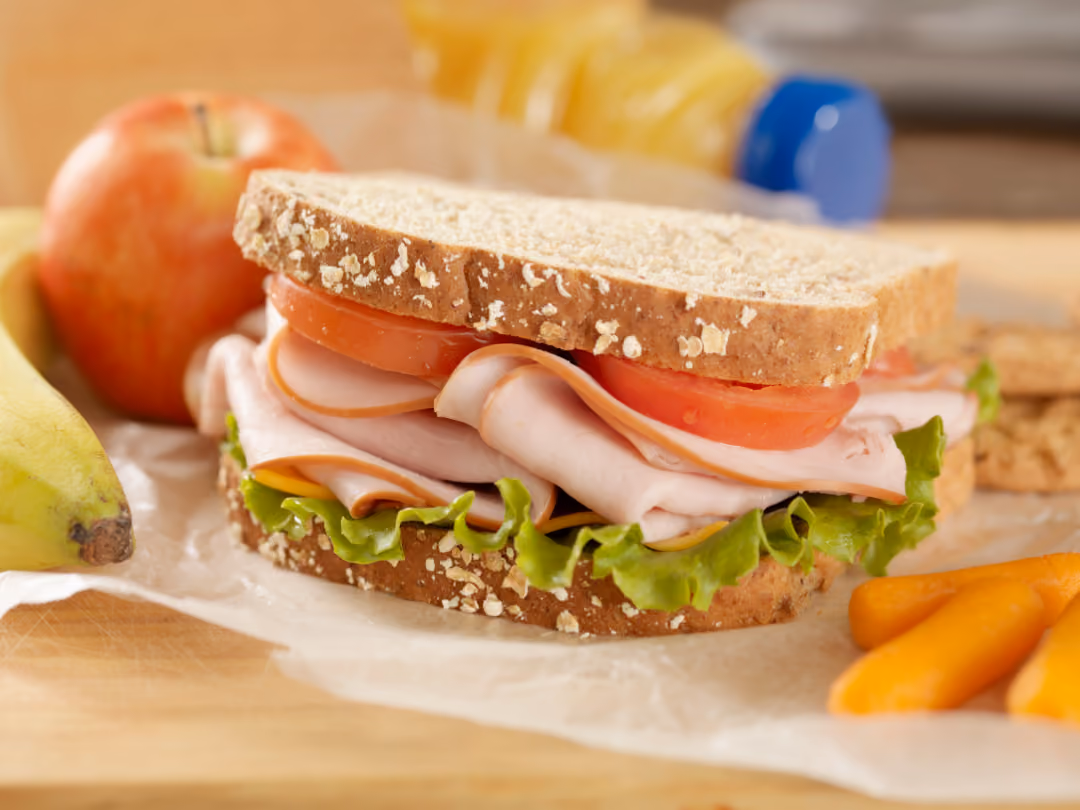 Brown Bag Lunch. A photo of a turkey sandwich with lettuce, tomato, and cheese sits on the table next to an apple, carrots, and orange juice.