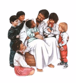 Jesus sits and talks with children in this illustrated image.
