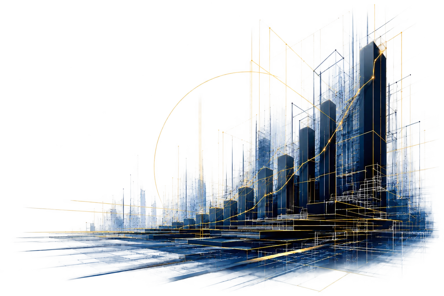 Dark architectural growth structure with gold linework