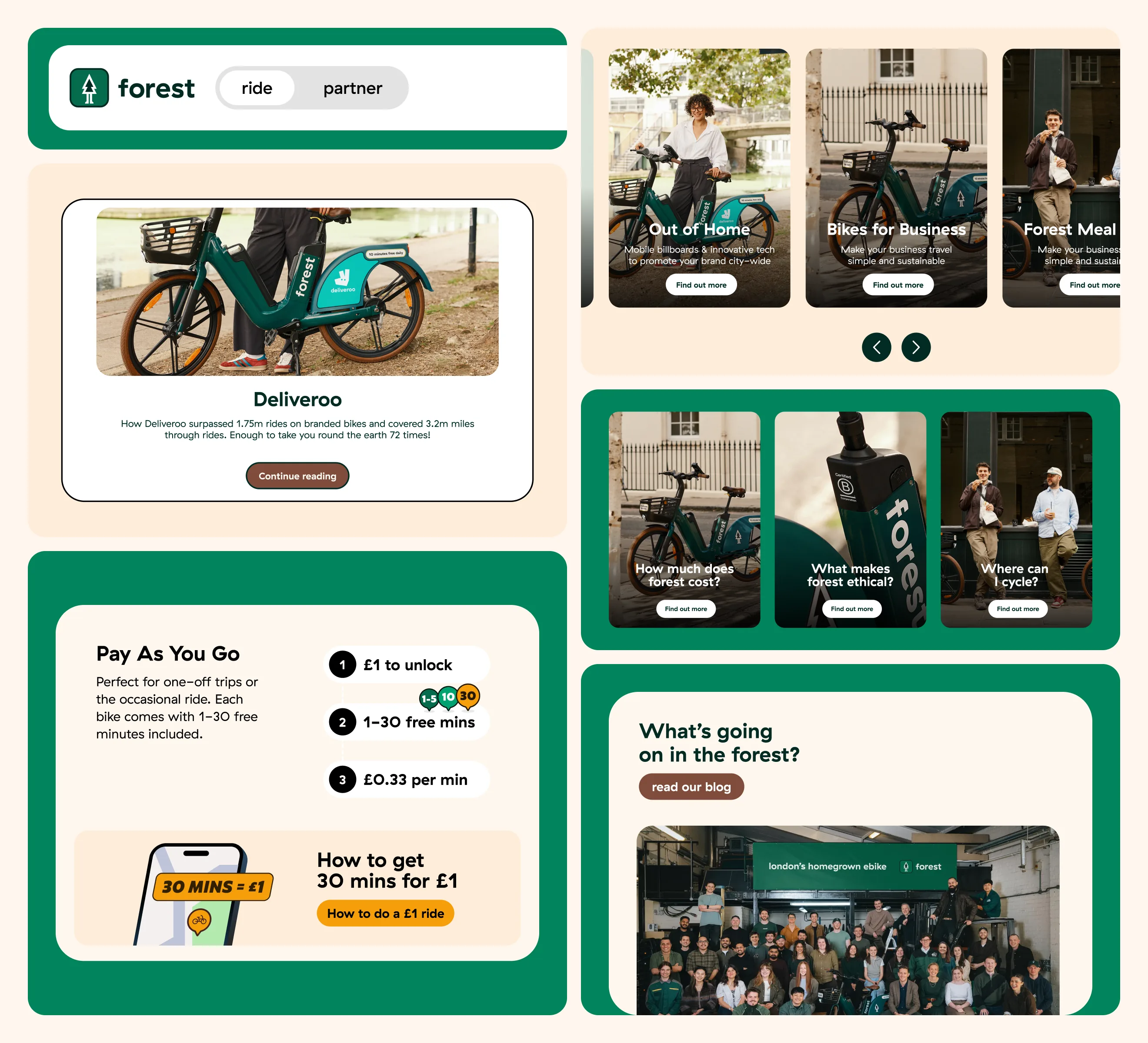 Forest components from one design system: nav switch, story card, pricing, product cards and blog grid