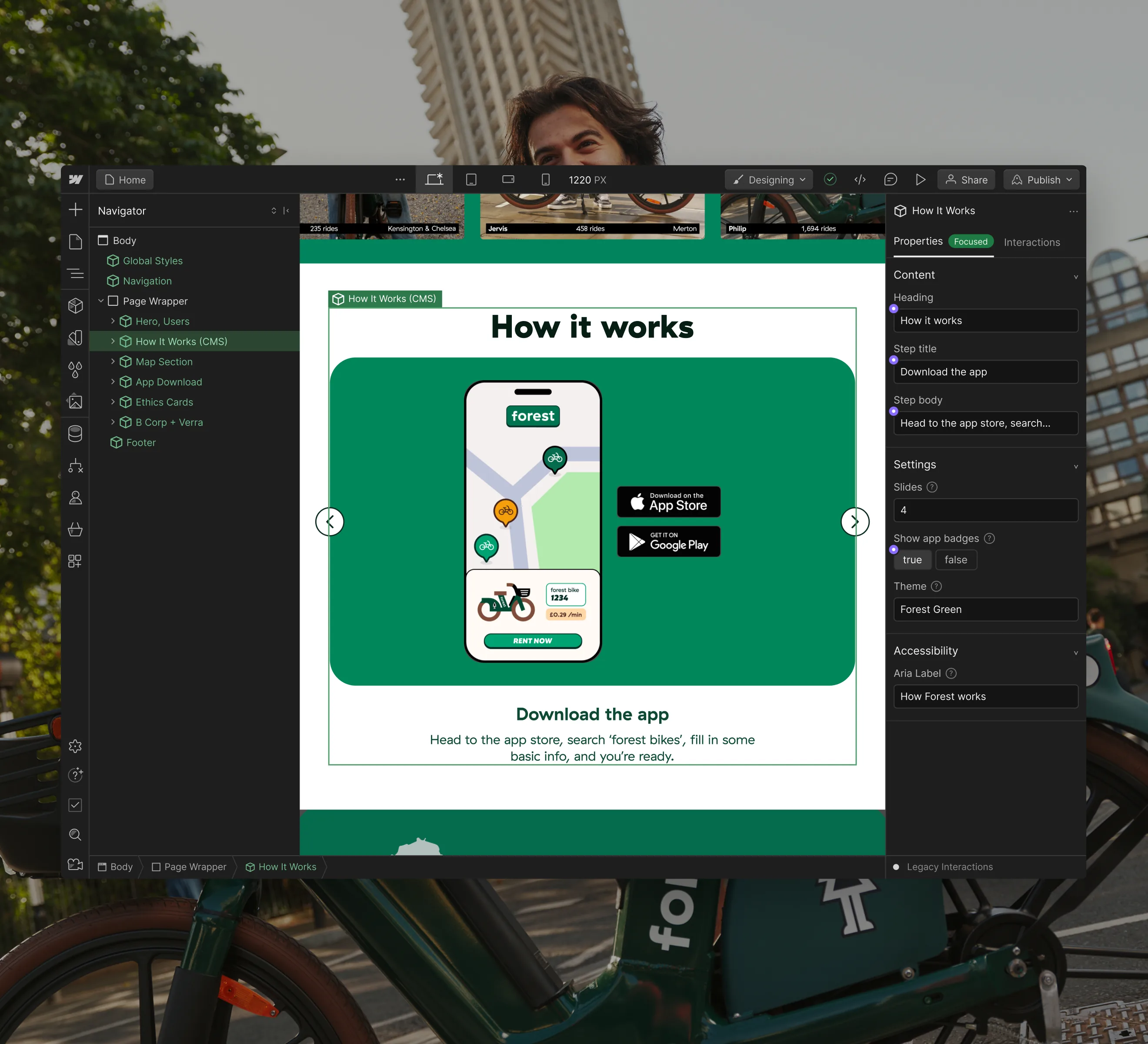 The Webflow Designer with Forest's How It Works component selected and its properties open