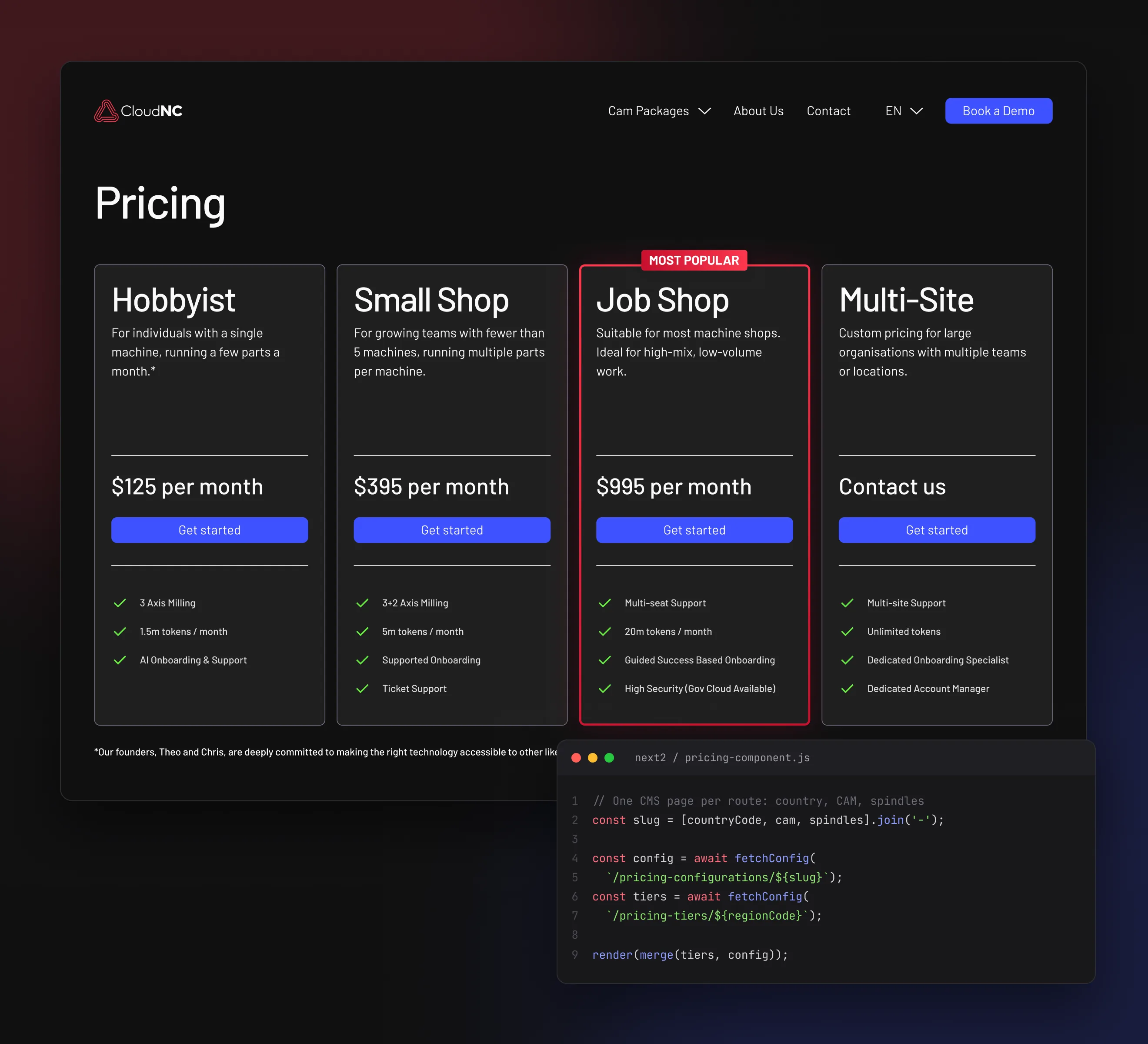CloudNC's pricing page with the code that fetches pricing for each route from the CMS