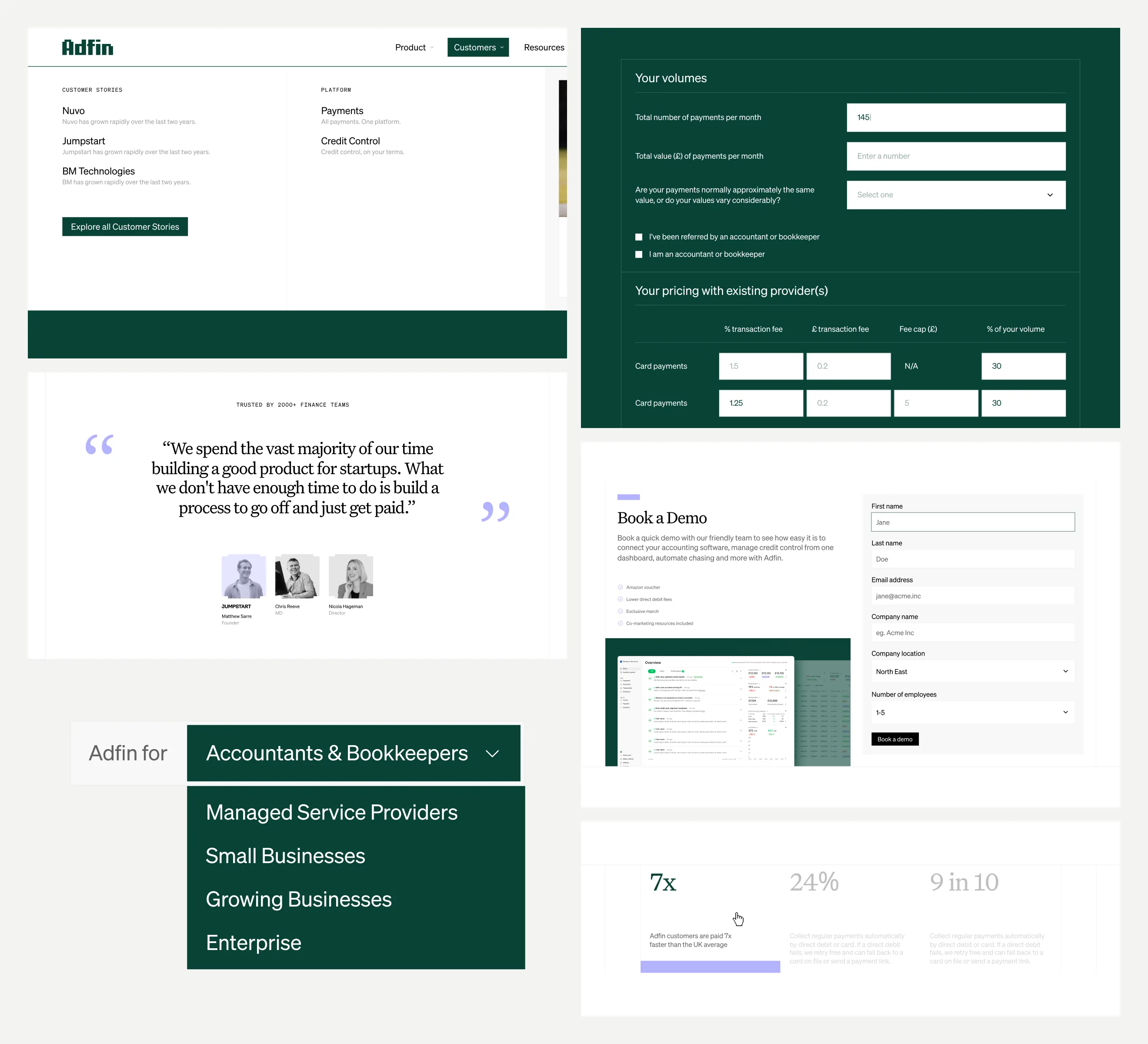Adfin components from one system: mega nav, pricing calculator, Book a Demo, testimonials, verticals dropdown and stats