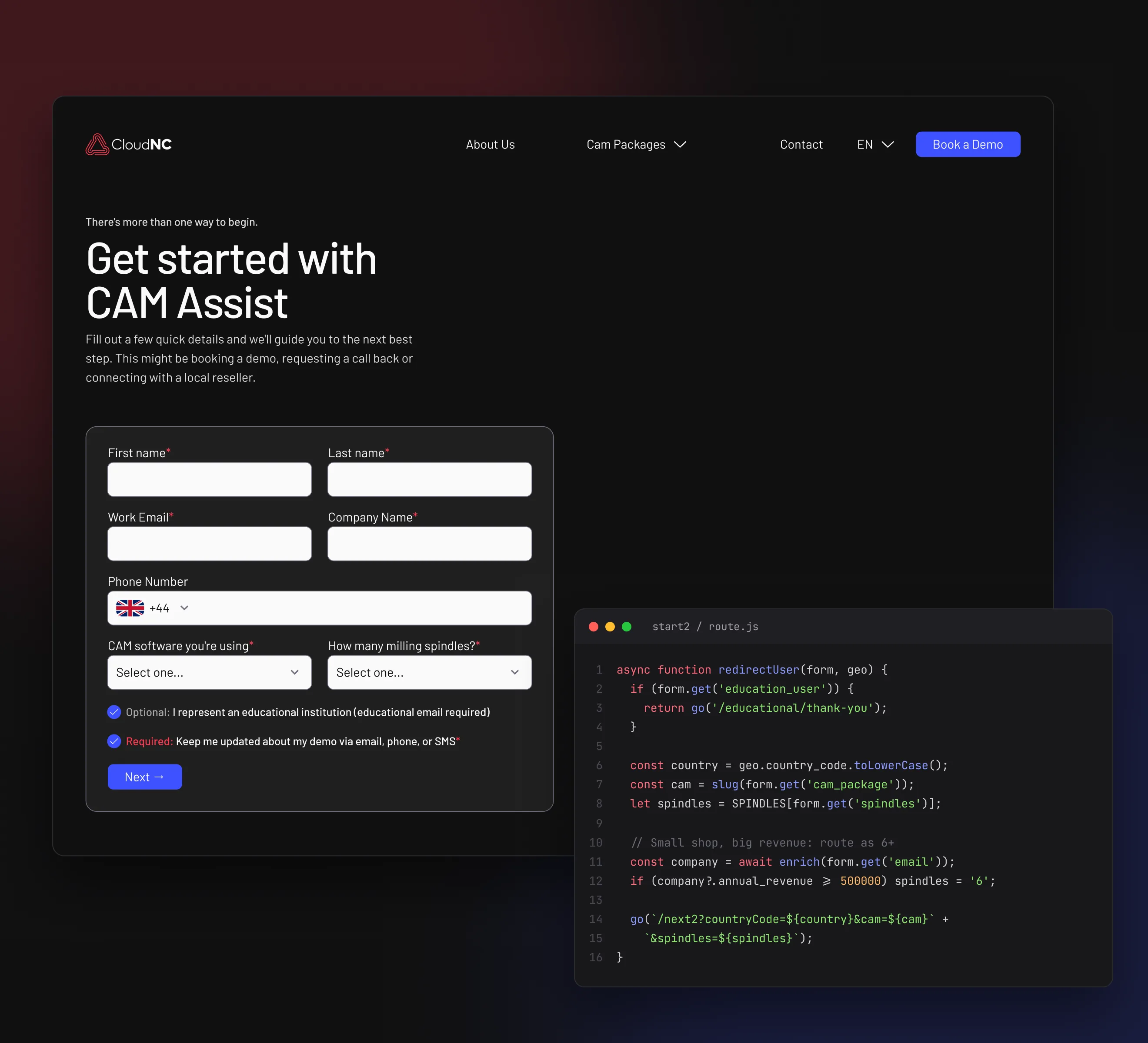 CloudNC's Get started form with the routing code that runs behind it