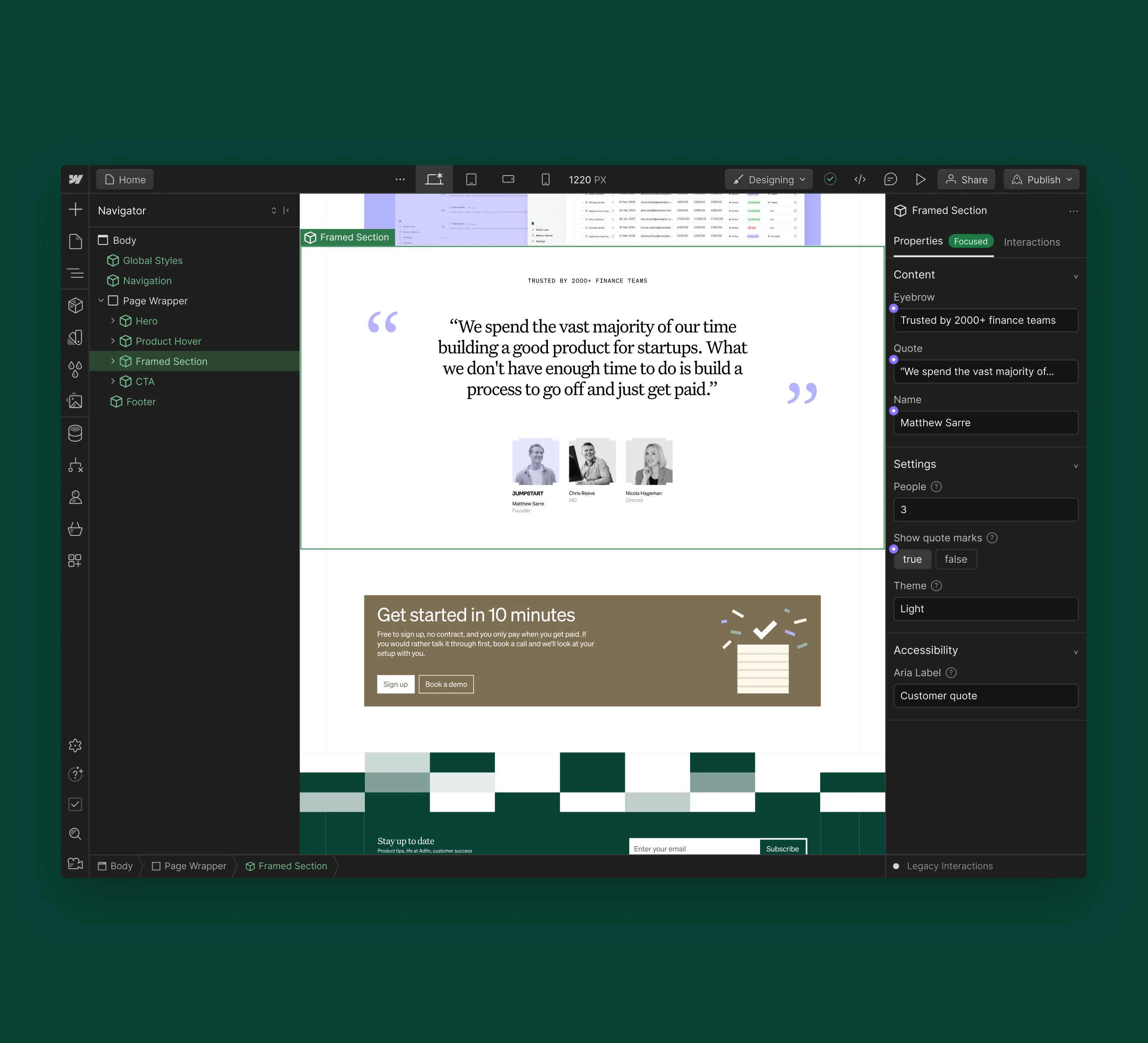 The Webflow Designer with Adfin's Framed Section testimonial component selected and its properties open