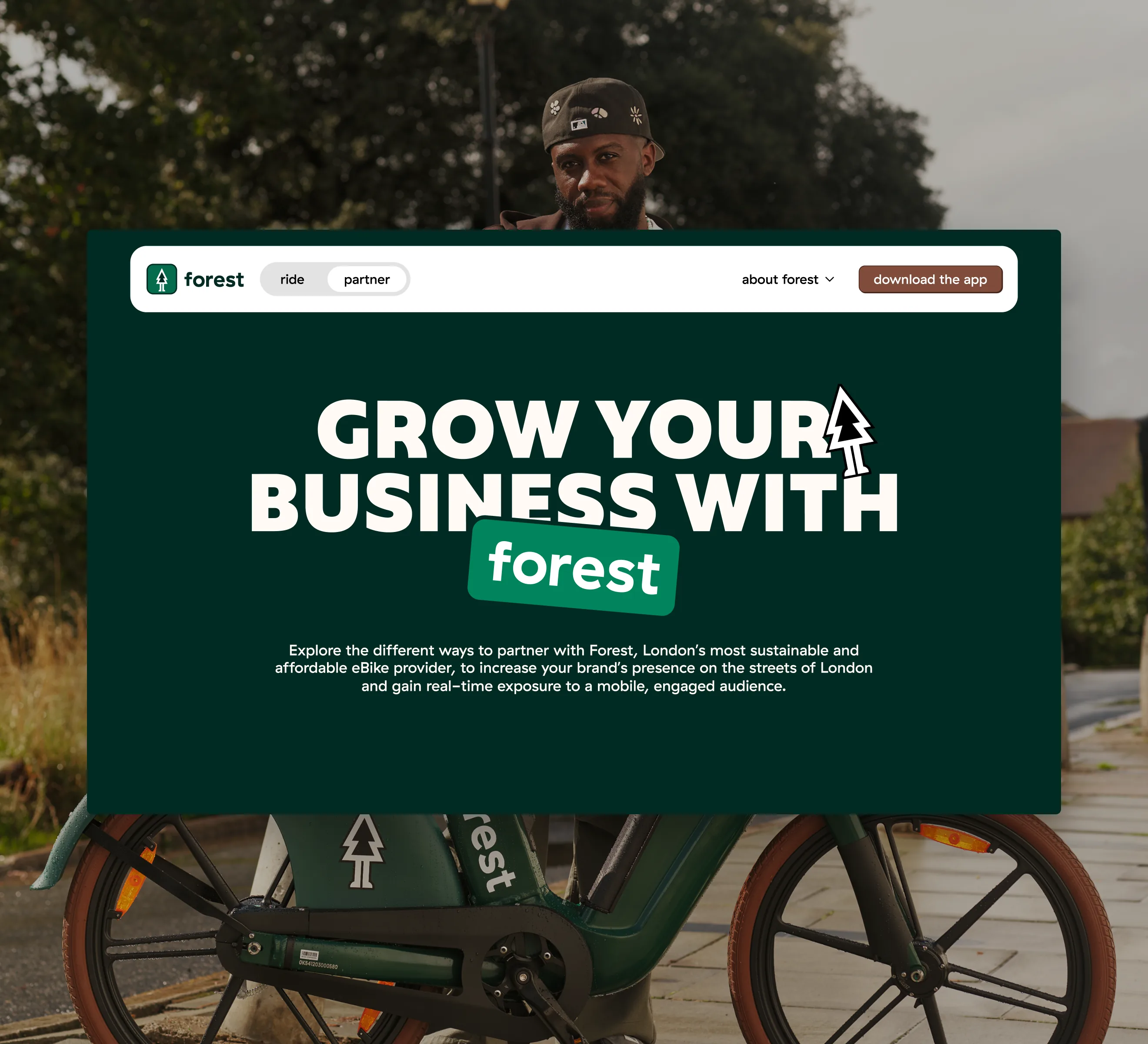 Forest's partner hero, Grow your business with Forest, over a photo of a rider