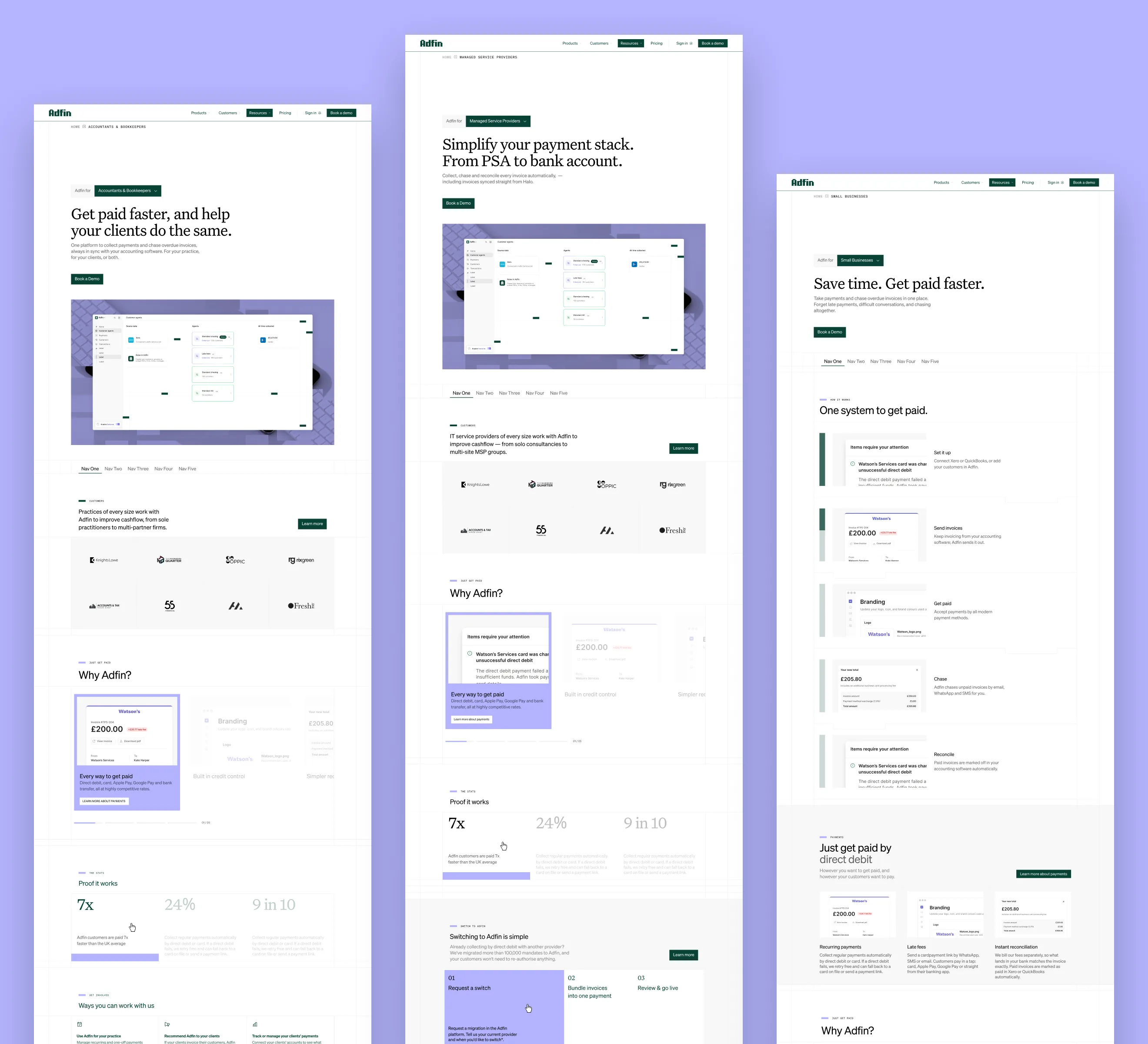 Adfin's pages for accountants, MSPs and small businesses, built from the same parts