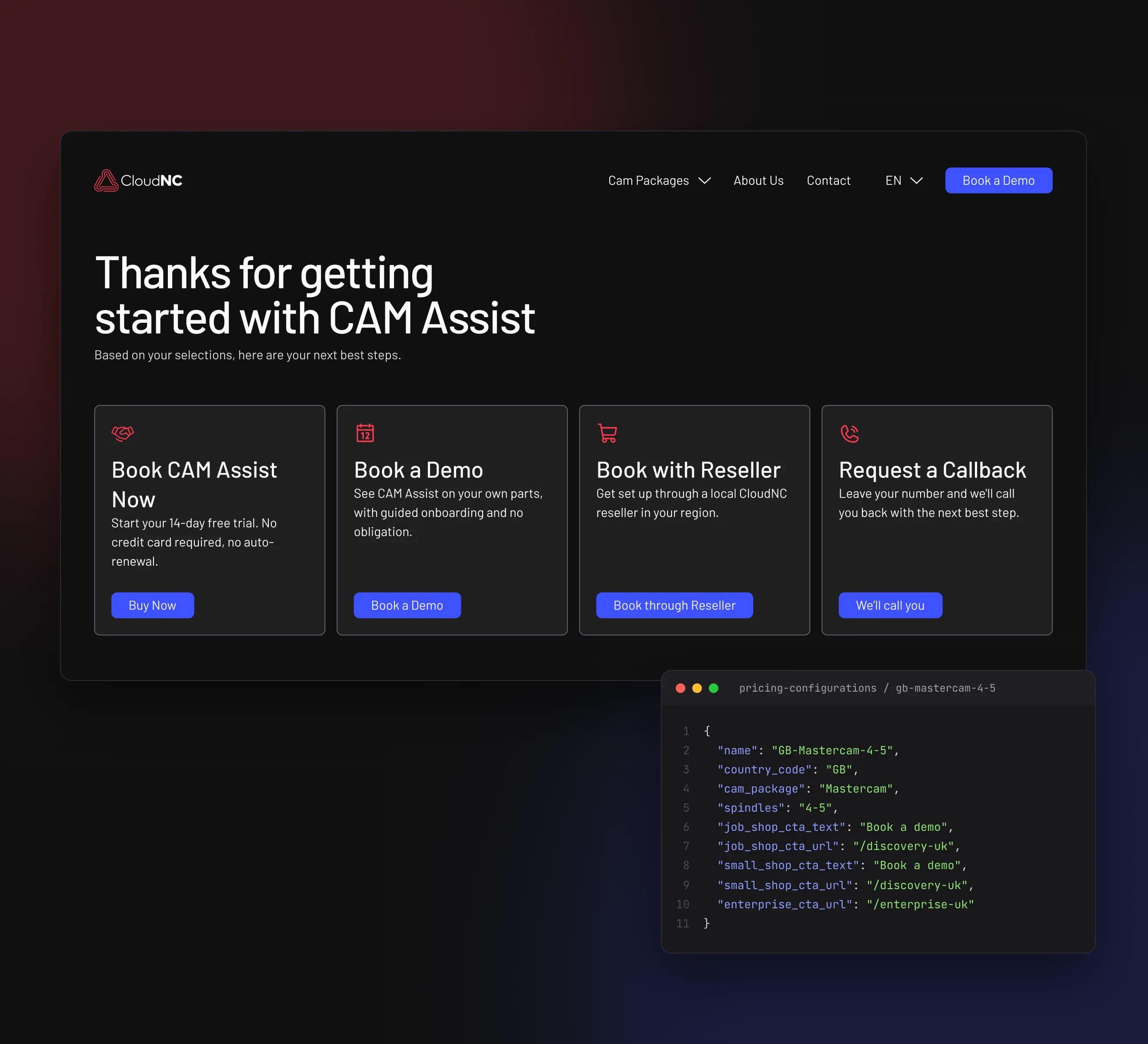 CloudNC's next best step cards with the CMS route config that drives them