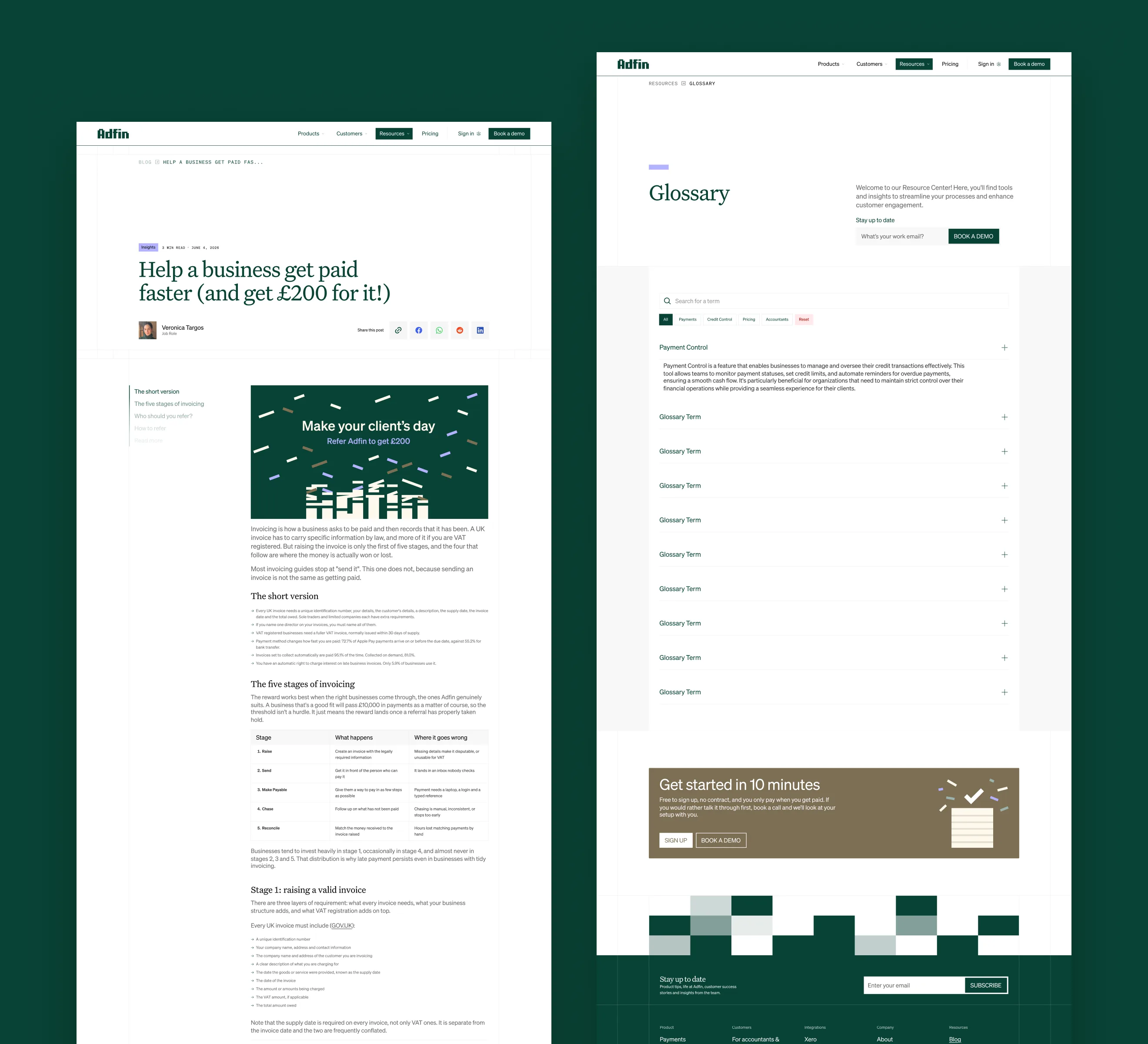 Adfin's article with comparison tables next to its glossary, both run from the CMS