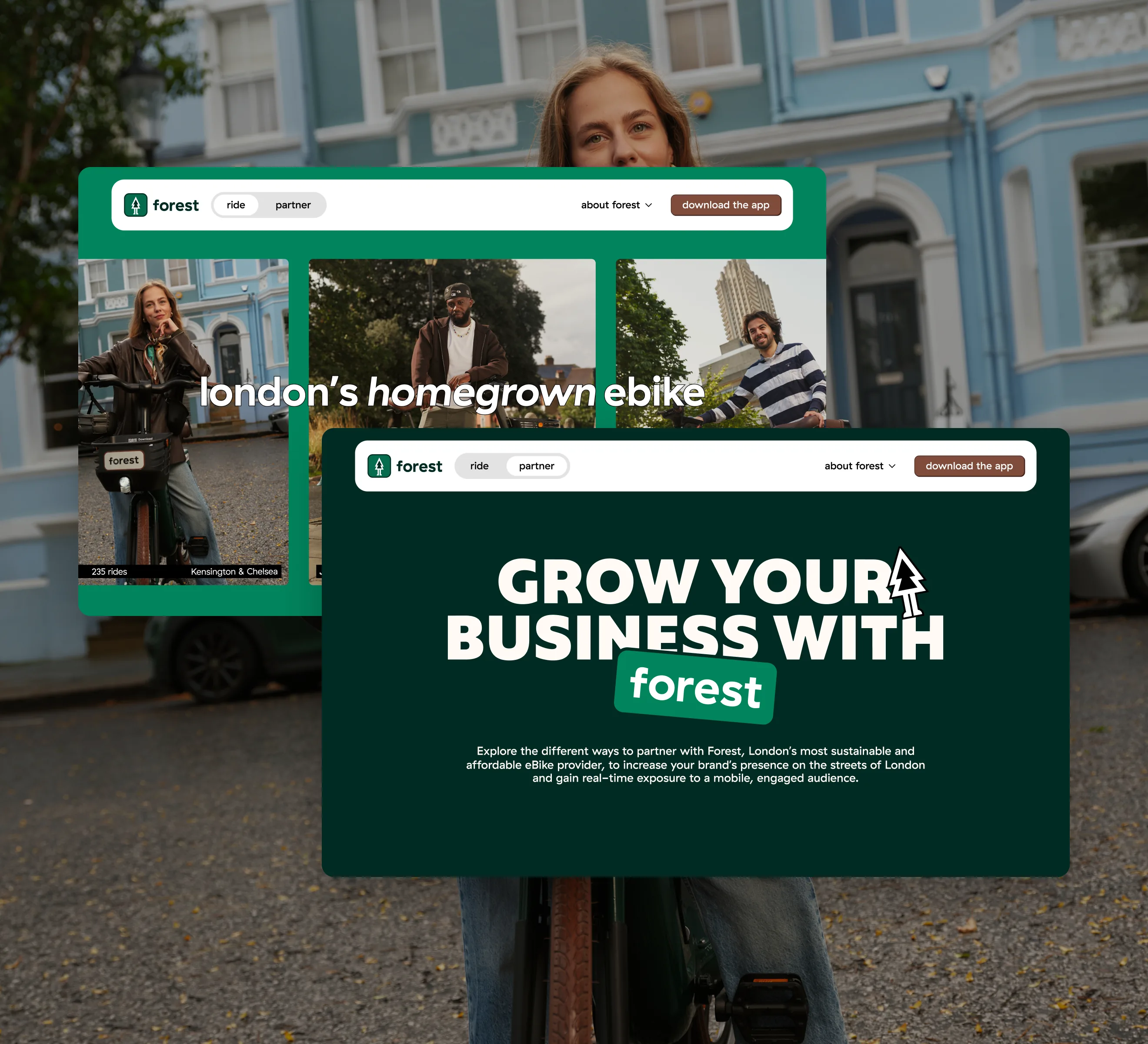 Forest's ride and partner home pages side by side, one site for two audiences