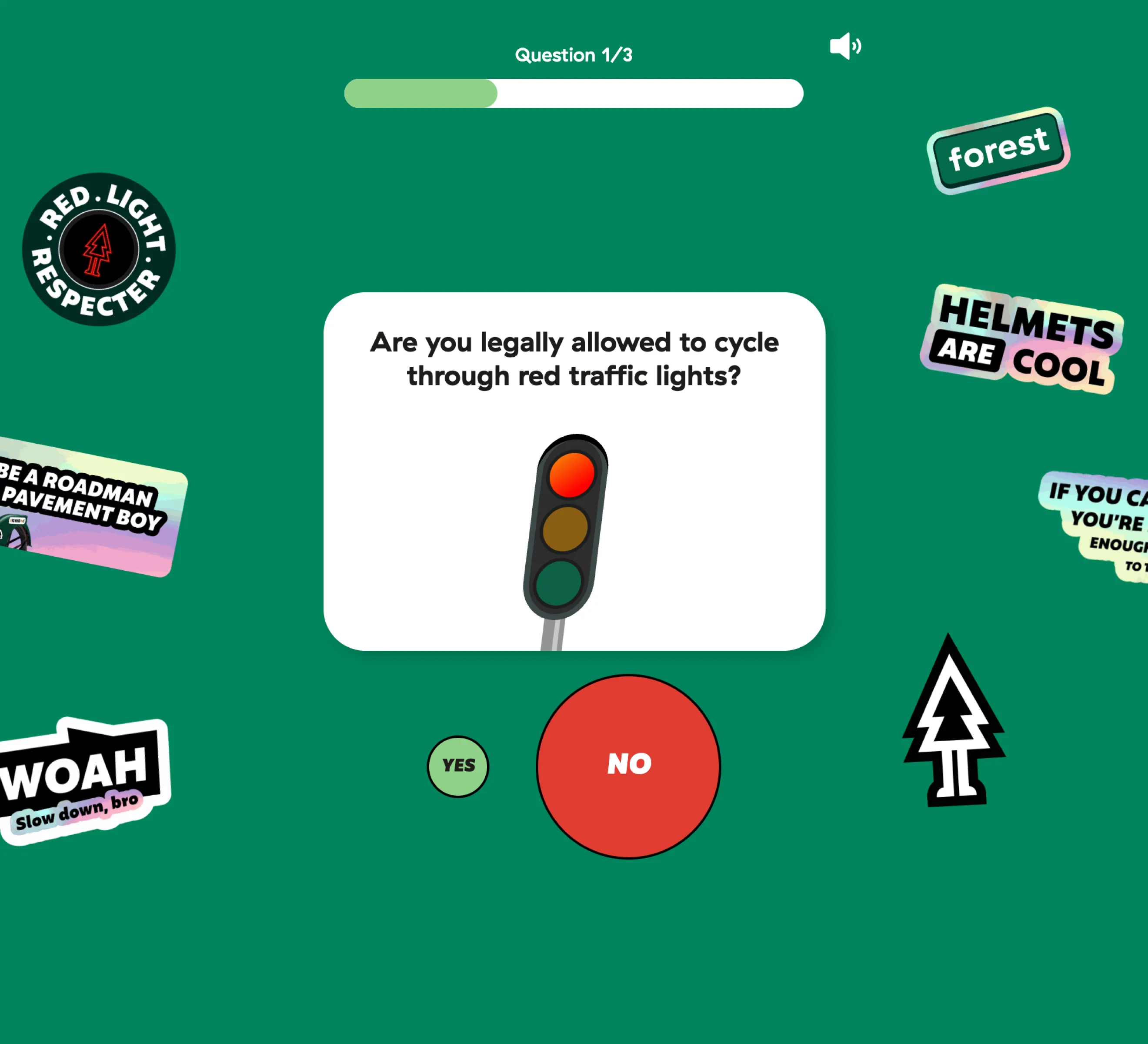 The quiz on desktop: the red light question surrounded by Forest's holographic campaign stickers