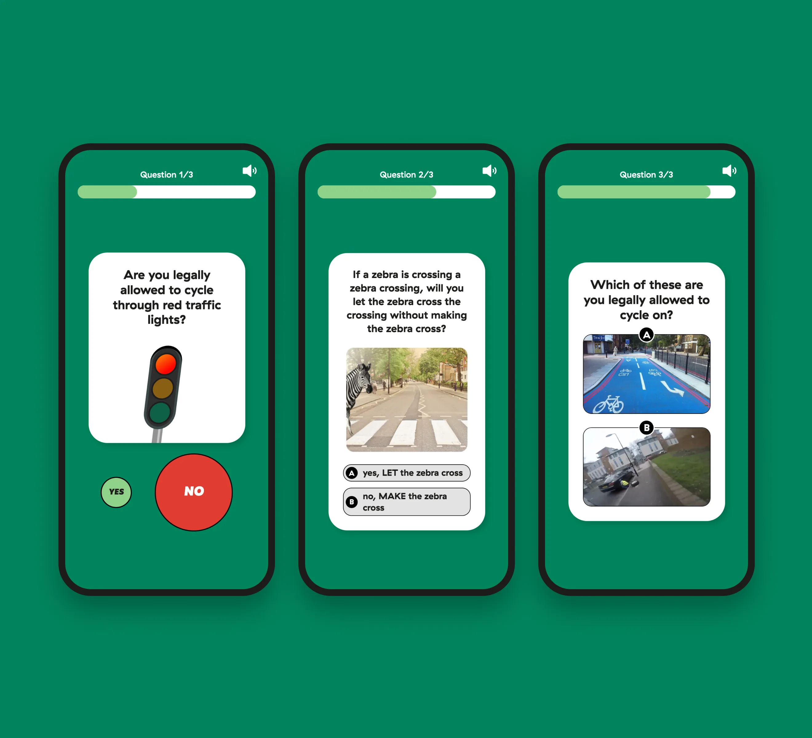 The three 2026 quiz questions on phones: red lights, the zebra on a zebra crossing, and cycle lane or pavement