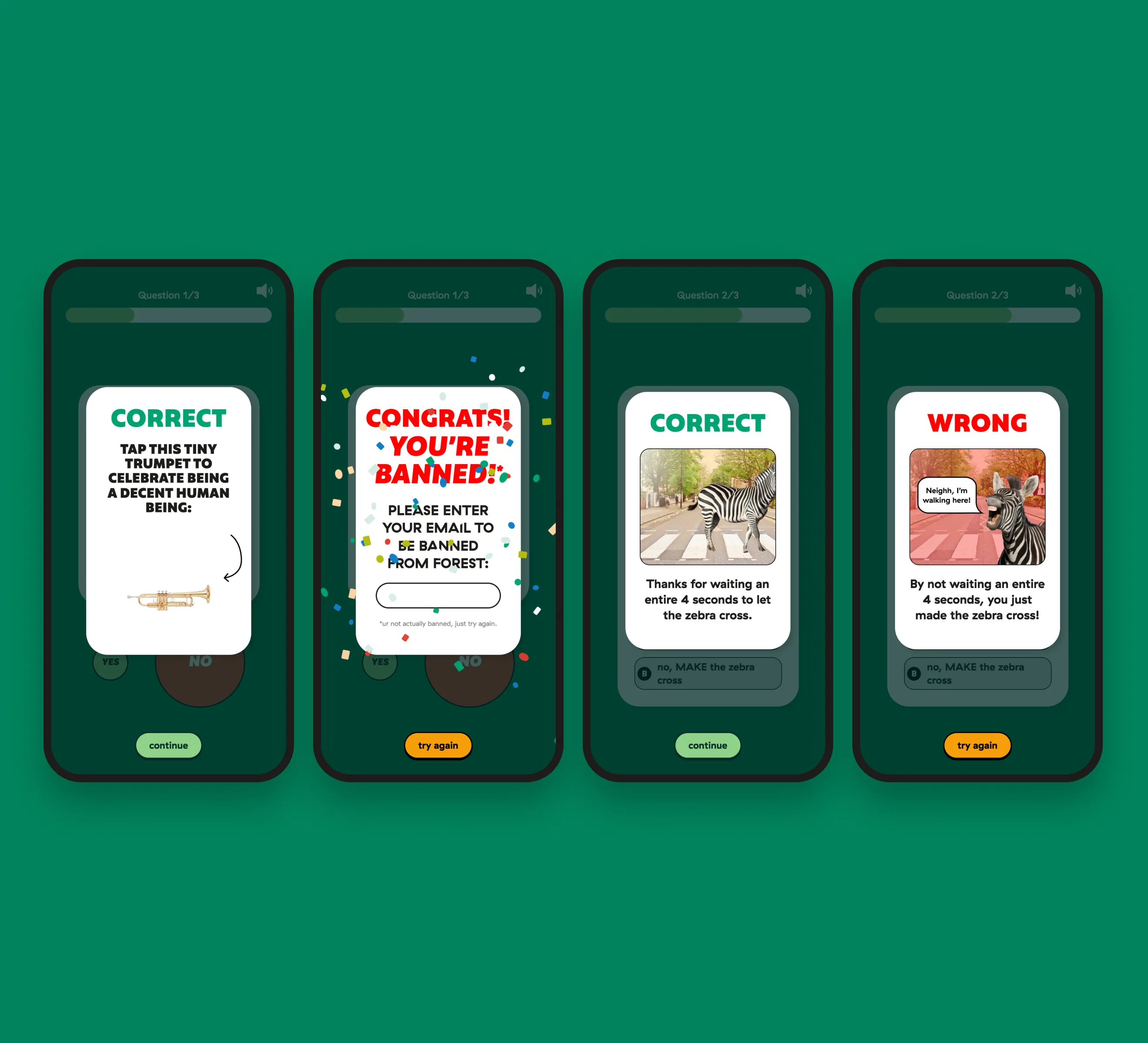Answer screens: tap the tiny trumpet, the you're banned joke with confetti, and the zebra's correct and wrong reactions