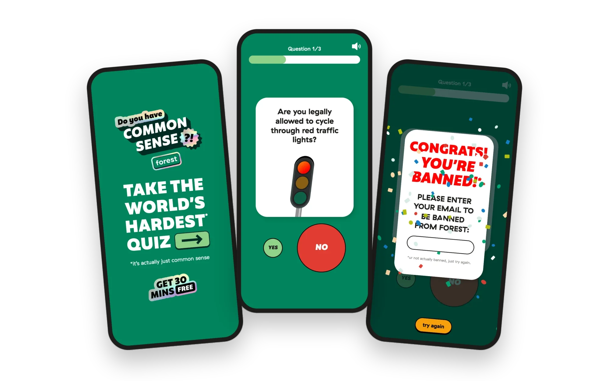 The Common Sense Club quiz on three phones: start screen, a question and the you're banned joke