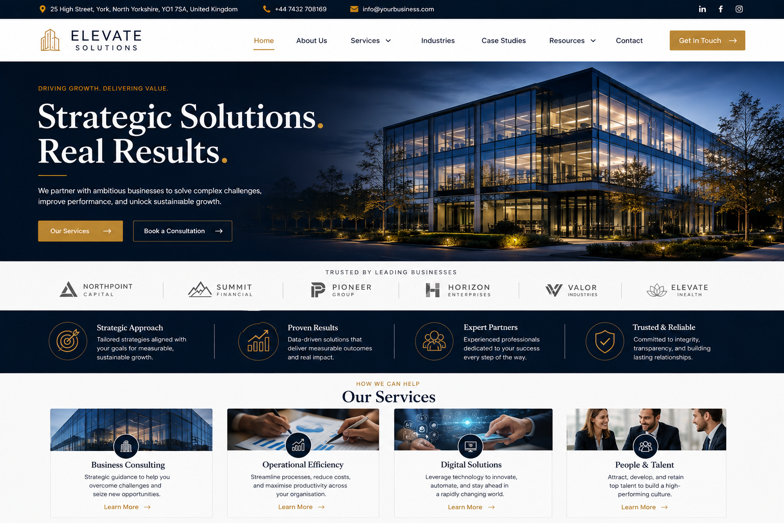Elevate Solutions homepage showing strategic business services and a modern glass office building at dusk.