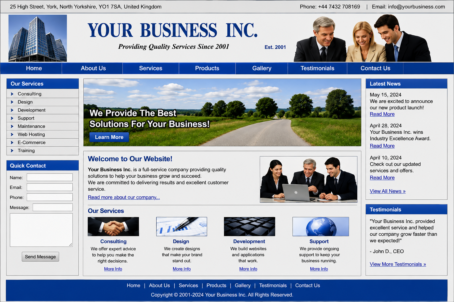 Business website homepage featuring services, contact form, news, testimonials, and business team images.