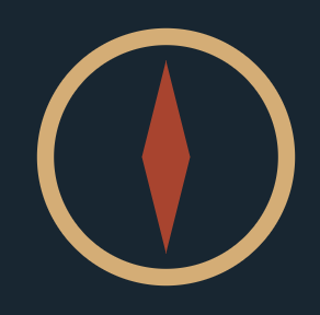 A compass icon with a brown needle inside a tan circular border on a dark blue background.