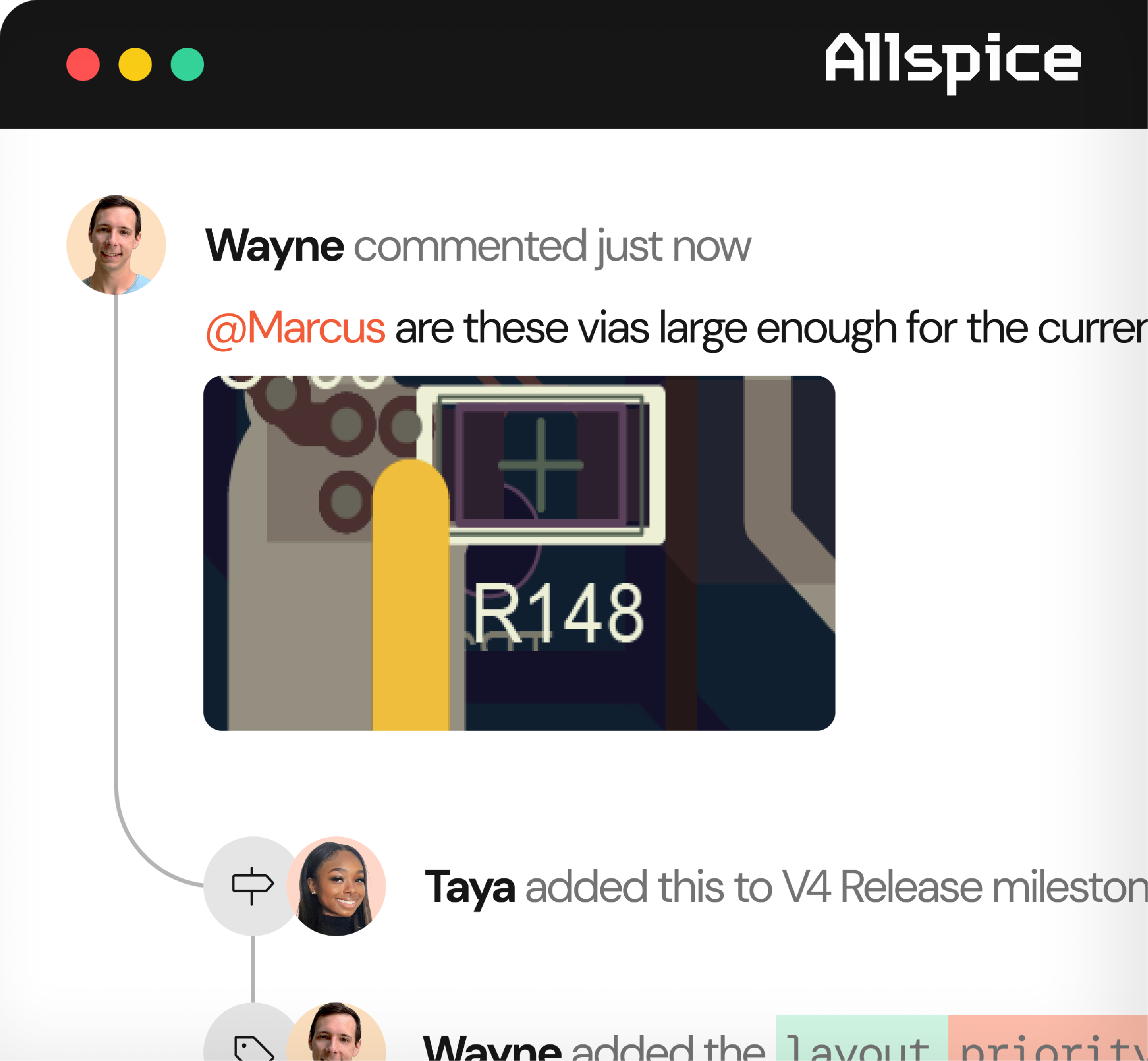A collaboration chat interface from Allspice showing a message from Wayne asking Marcus if the vias on a circuit board image are large enough, followed by a note that Taya added this to the V4 Release milestone.