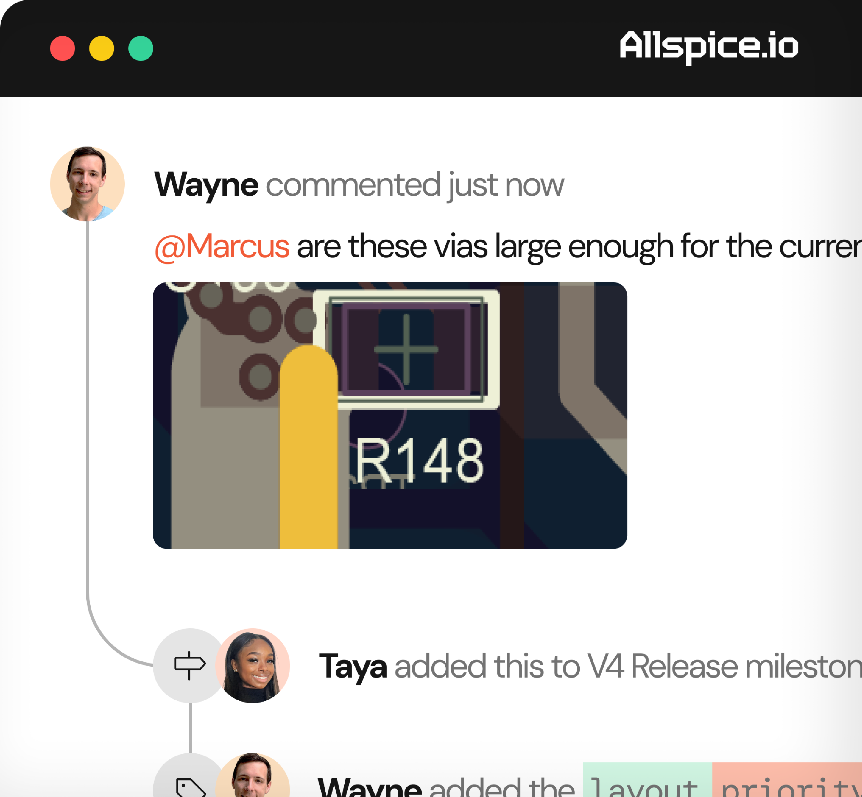 A collaboration chat interface from Allspice showing a message from Wayne asking Marcus if the vias on a circuit board image are large enough, followed by a note that Taya added this to the V4 Release milestone.