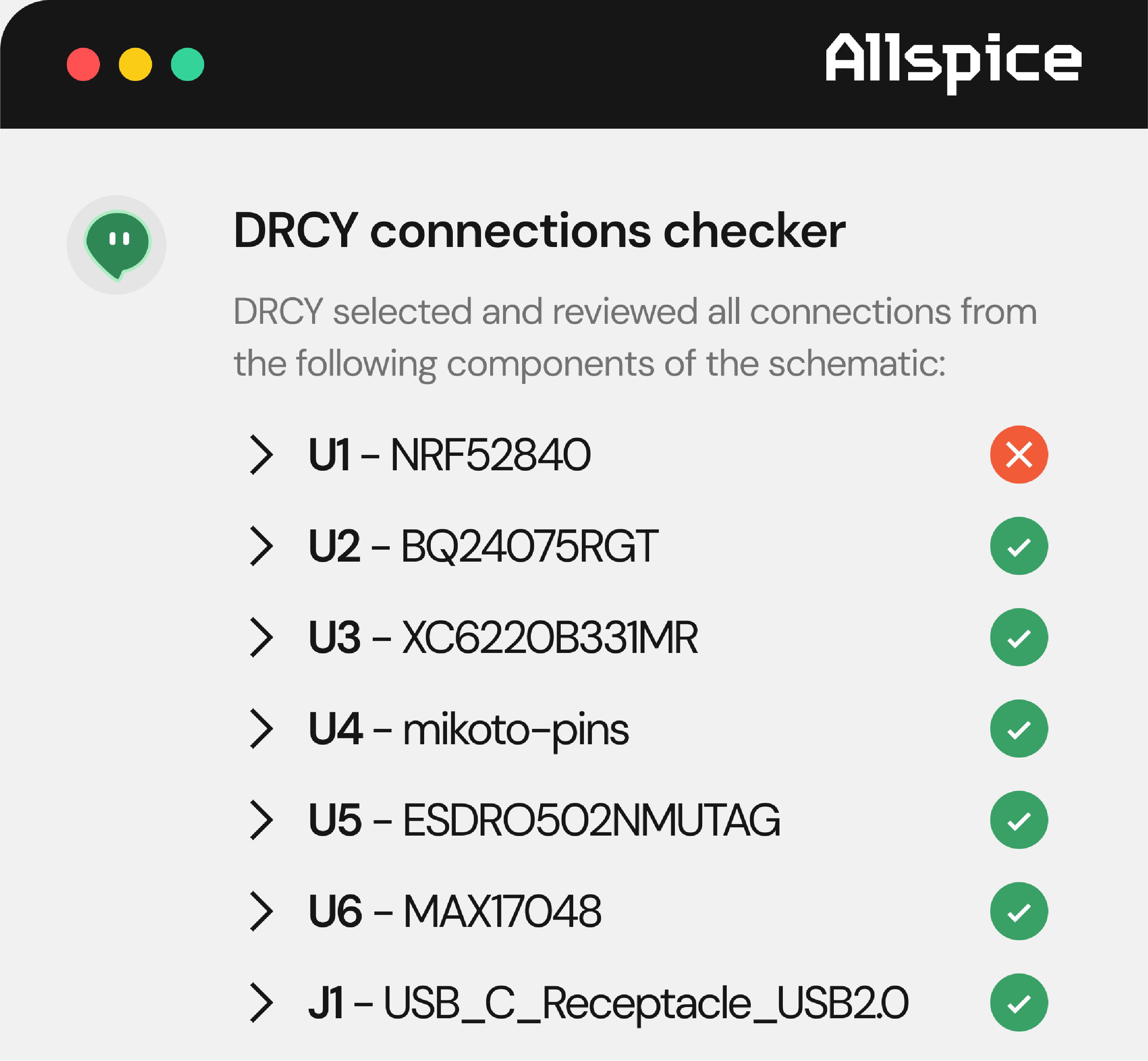 DRCY connections checker interface by ALLSPICE showing a list of components and their connection status; U1 - NRF52840 marked with a red cross indicating failure, U2 to U6 and J1 components all marked with green check marks indicating successful connections.