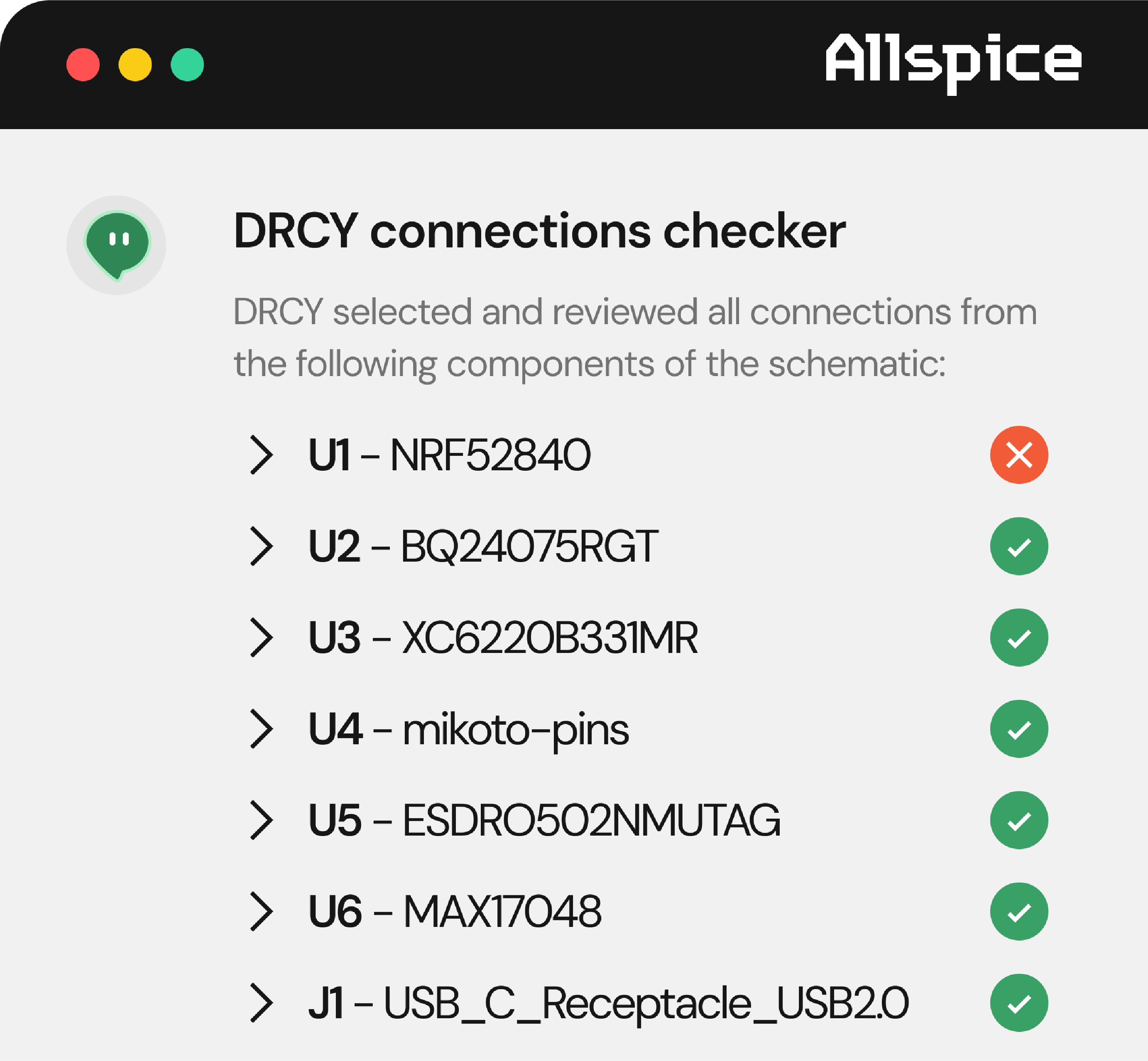 DRCY connections checker interface by ALLSPICE showing a list of components and their connection status; U1 - NRF52840 marked with a red cross indicating failure, U2 to U6 and J1 components all marked with green check marks indicating successful connections.