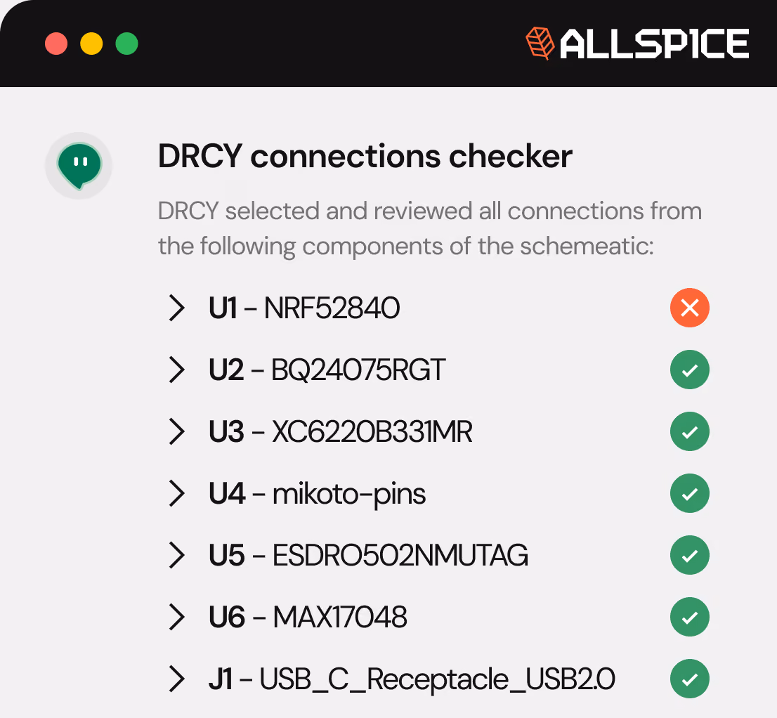 DRCY connections checker interface by ALLSPICE showing a list of components and their connection status; U1 - NRF52840 marked with a red cross indicating failure, U2 to U6 and J1 components all marked with green check marks indicating successful connections.