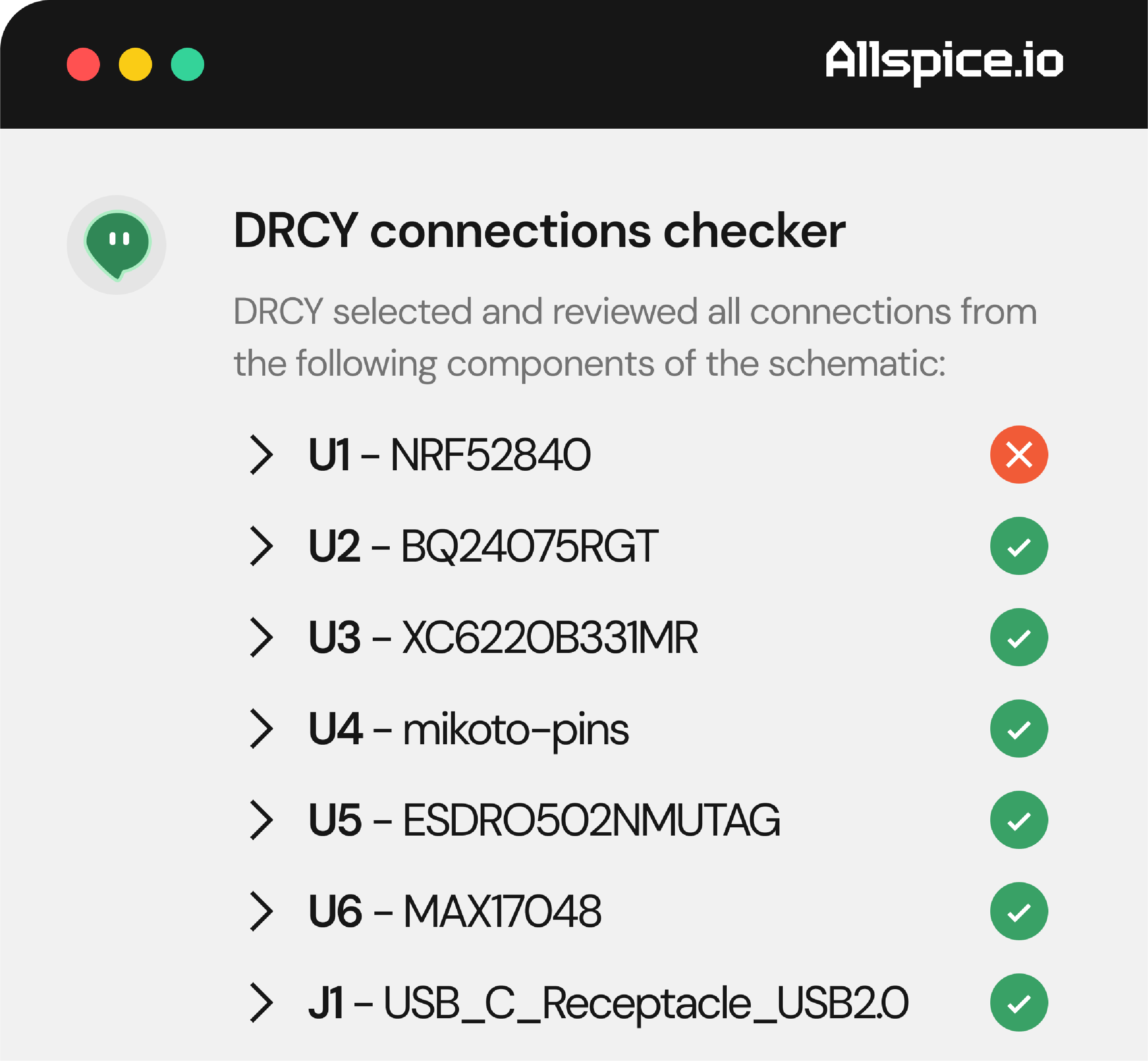 DRCY connections checker interface by ALLSPICE showing a list of components and their connection status; U1 - NRF52840 marked with a red cross indicating failure, U2 to U6 and J1 components all marked with green check marks indicating successful connections.