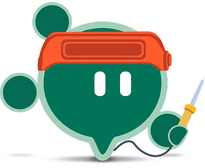 A stylized green robot head with two circular ears, white rectangular eyes, a red headband, and holding a yellow screwdriver in its right hand.