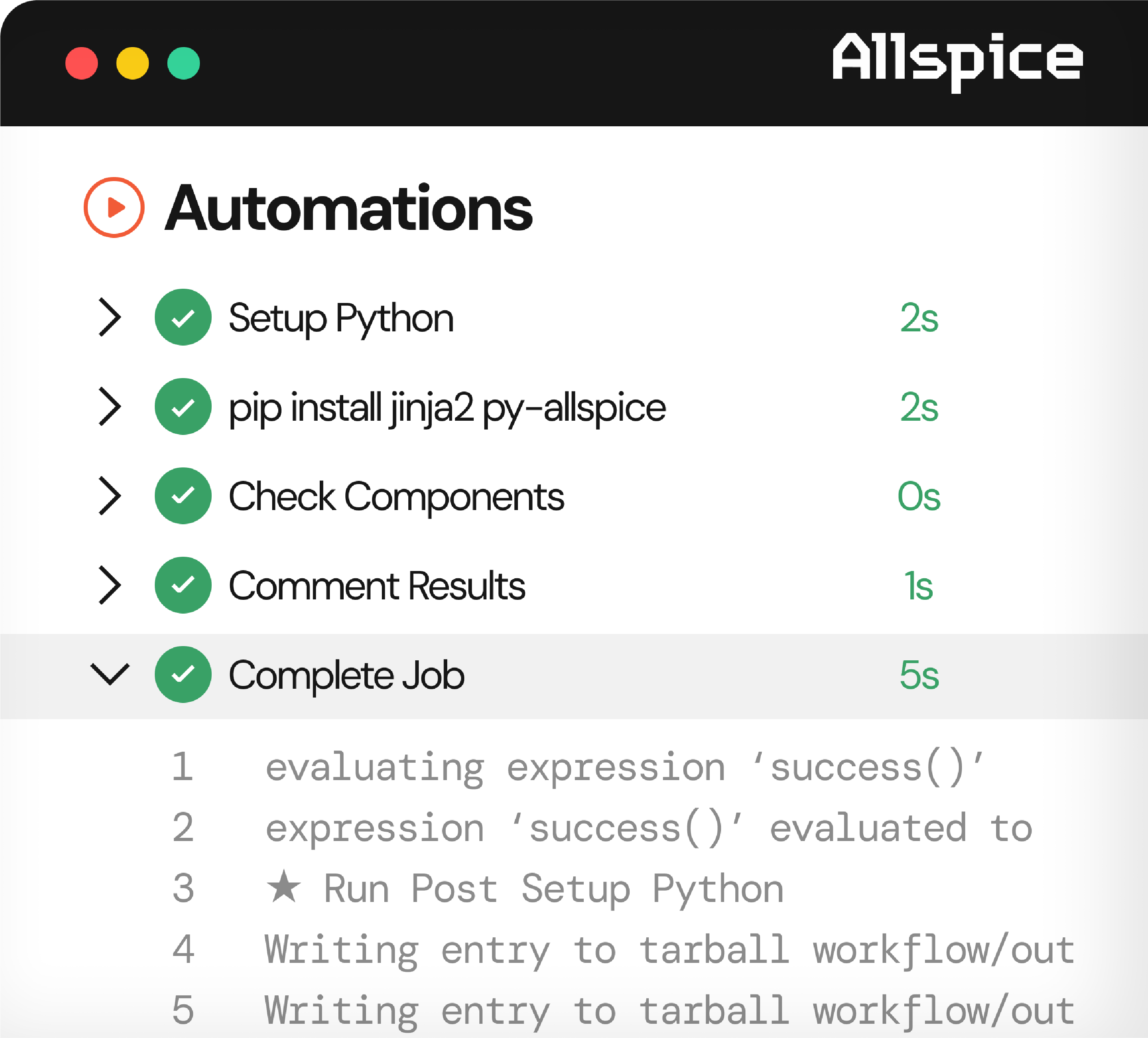 Screenshot of the Allspice software interface displaying a completed automation sequence with steps: Setup Python, pip install jinja2 py-allspice, Check Components, Comment Results, and Complete Job, each marked with a green check and respective execution times from 0 to 5 seconds. The 'Complete Job' step is expanded showing log lines evaluating expression 'success()', running post setup Python, and writing entries to a tarball workflow output.