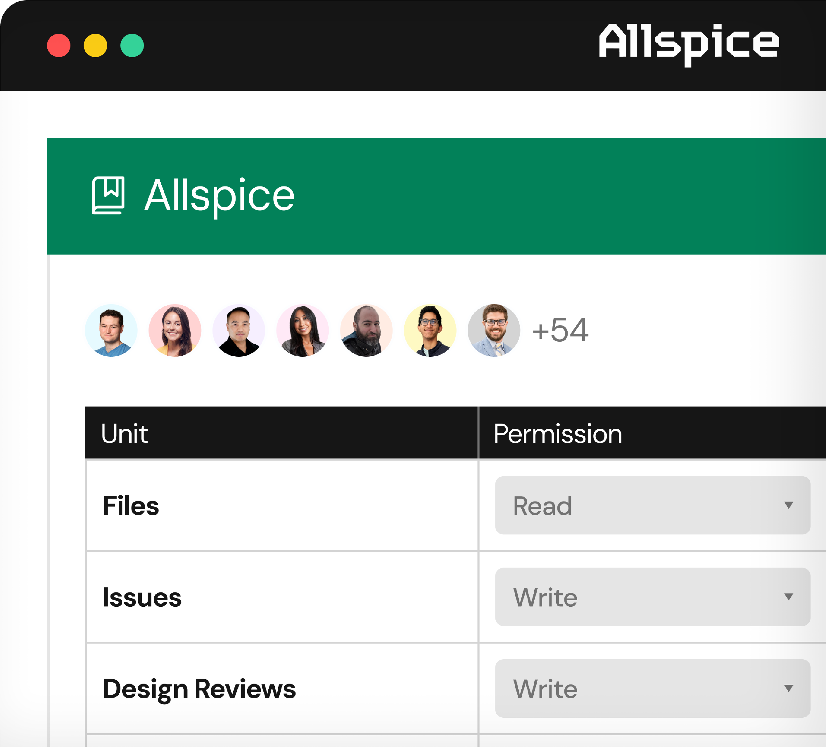 Enterprise security interface screen showing user permissions for different units under the AllSpice project, including read access for Files and write access for Issues and Design Reviews, with profile pictures of several users and a total of 54 additional users indicated.
