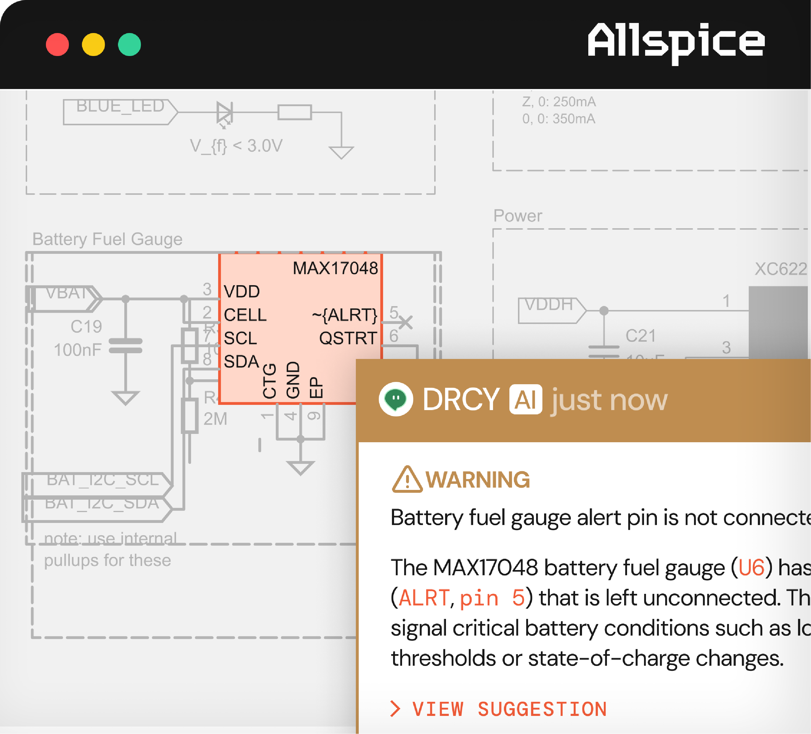 Circuit schematic showing a MAX17048 battery fuel gauge component with pins labeled such as VDD, CELL, SCL, SDA, CTG, GND, EP, and ALRT pin 5 left unconnected. A warning overlay notes that the battery fuel gauge alert pin (ALRT, pin 5) on the MAX17048 (U6) is not connected and signals critical battery conditions like low thresholds or state-of-charge changes.