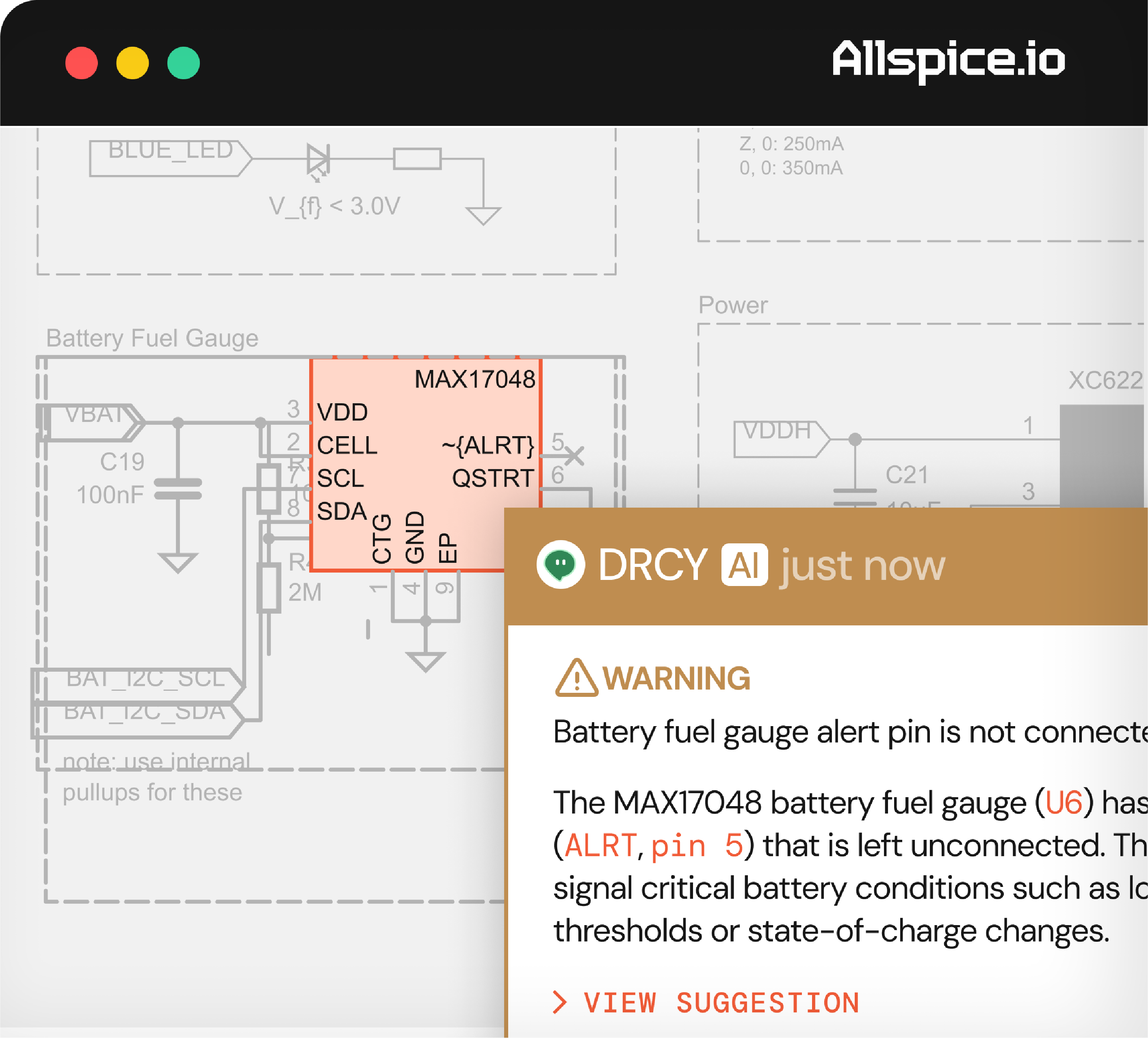 Circuit schematic showing a MAX17048 battery fuel gauge component with pins labeled such as VDD, CELL, SCL, SDA, CTG, GND, EP, and ALRT pin 5 left unconnected. A warning overlay notes that the battery fuel gauge alert pin (ALRT, pin 5) on the MAX17048 (U6) is not connected and signals critical battery conditions like low thresholds or state-of-charge changes.