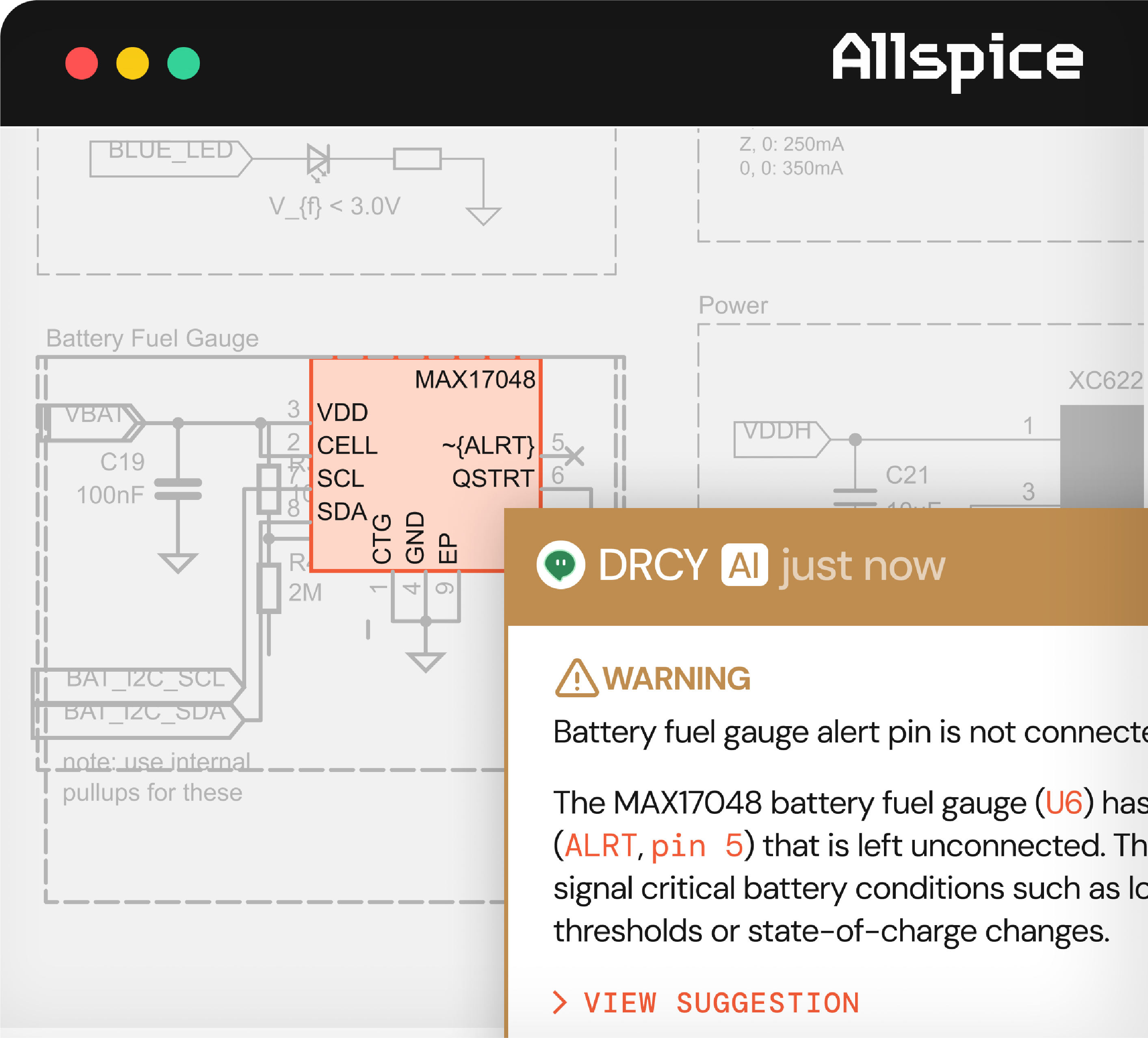 Circuit schematic showing a MAX17048 battery fuel gauge component with pins labeled such as VDD, CELL, SCL, SDA, CTG, GND, EP, and ALRT pin 5 left unconnected. A warning overlay notes that the battery fuel gauge alert pin (ALRT, pin 5) on the MAX17048 (U6) is not connected and signals critical battery conditions like low thresholds or state-of-charge changes.