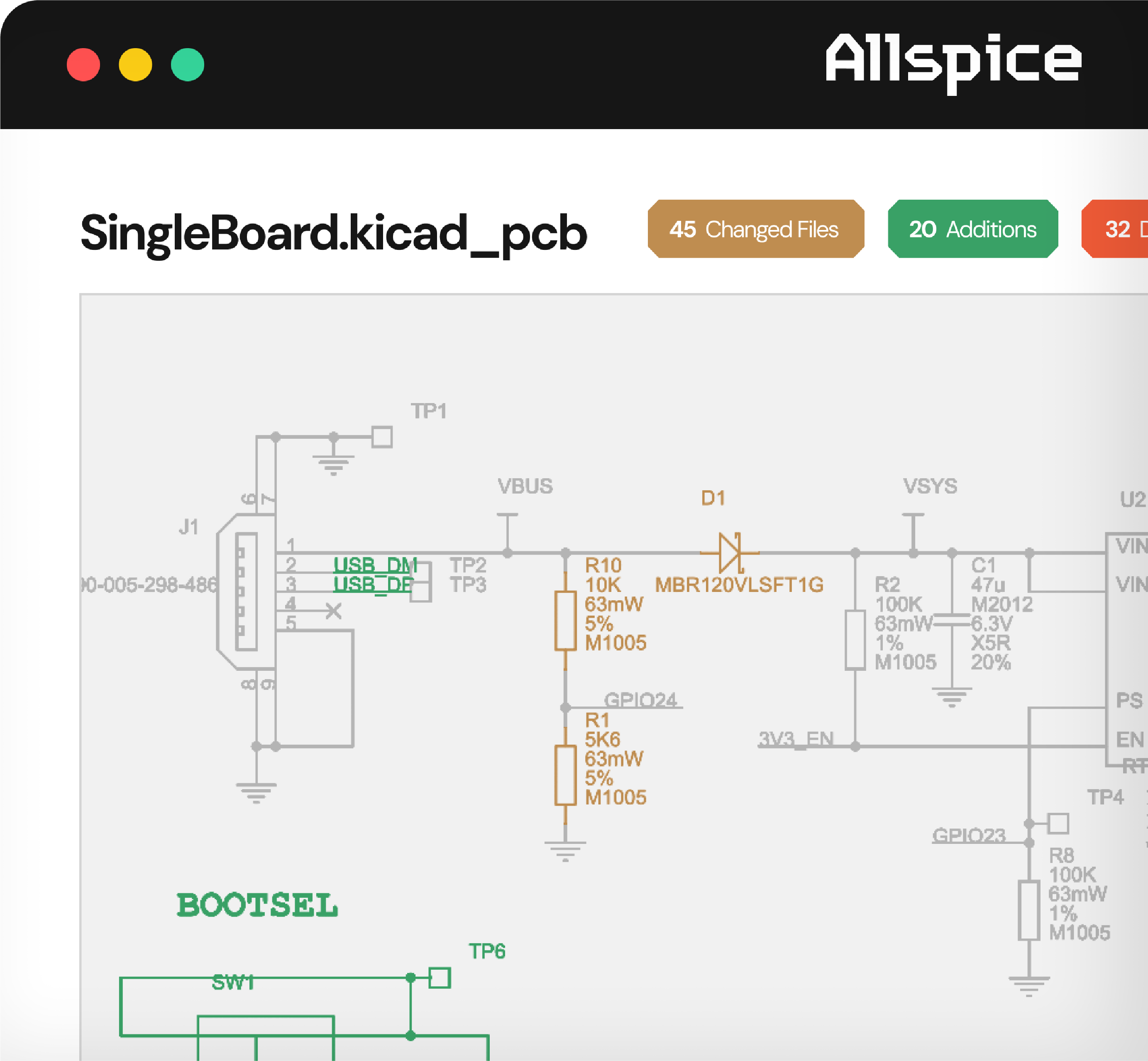 Screenshot of a circuit design software window titled 'SingleBoard.kicad_pcb' under the Allspice logo, showing a partial electronic schematic with components including resistors, a diode labeled MBR120VLSFT1G, and connections labeled USB_DM, USB_DP, VBUS, and BOOTSEL.