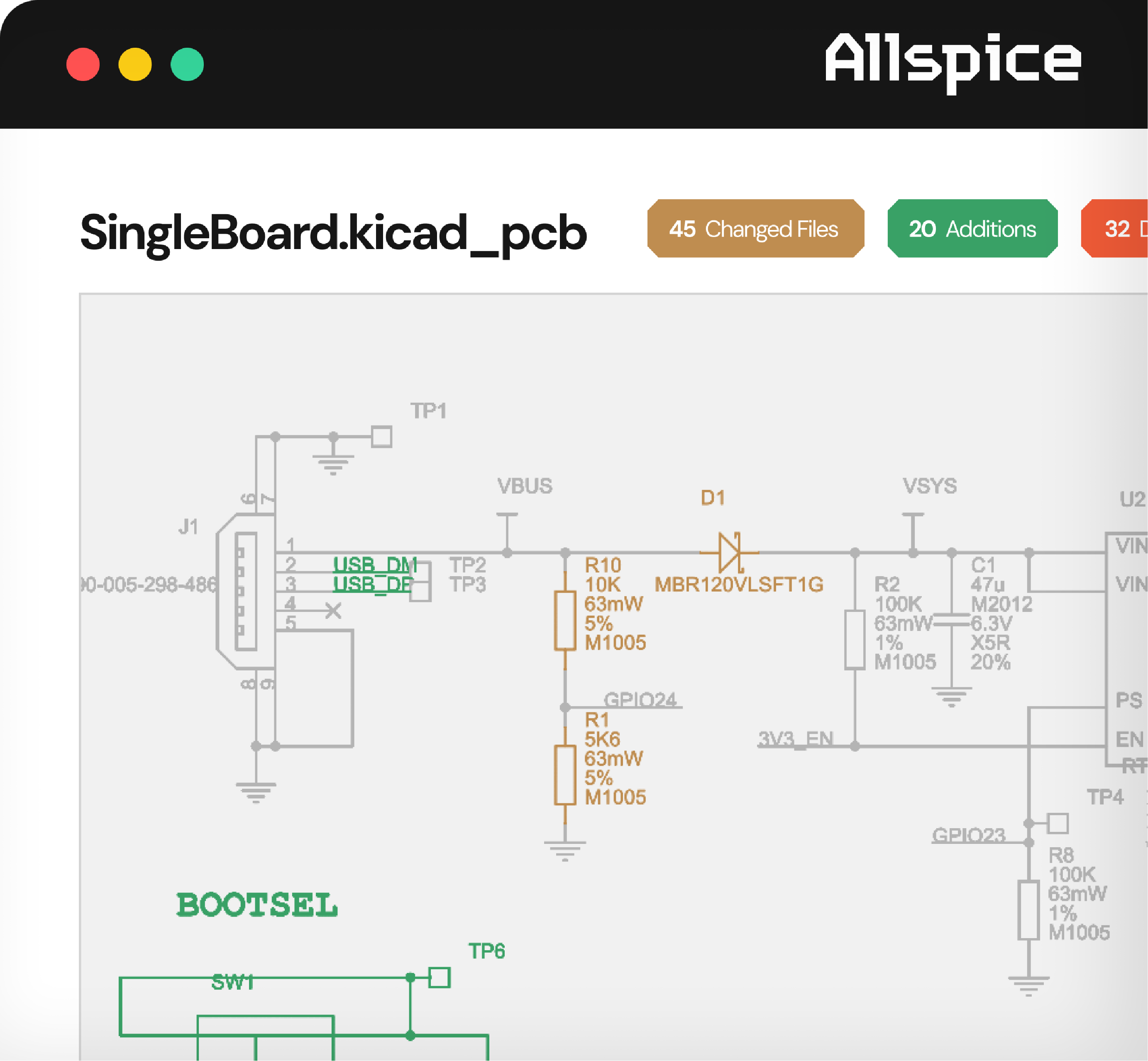 Screenshot of a circuit design software window titled 'SingleBoard.kicad_pcb' under the Allspice logo, showing a partial electronic schematic with components including resistors, a diode labeled MBR120VLSFT1G, and connections labeled USB_DM, USB_DP, VBUS, and BOOTSEL.