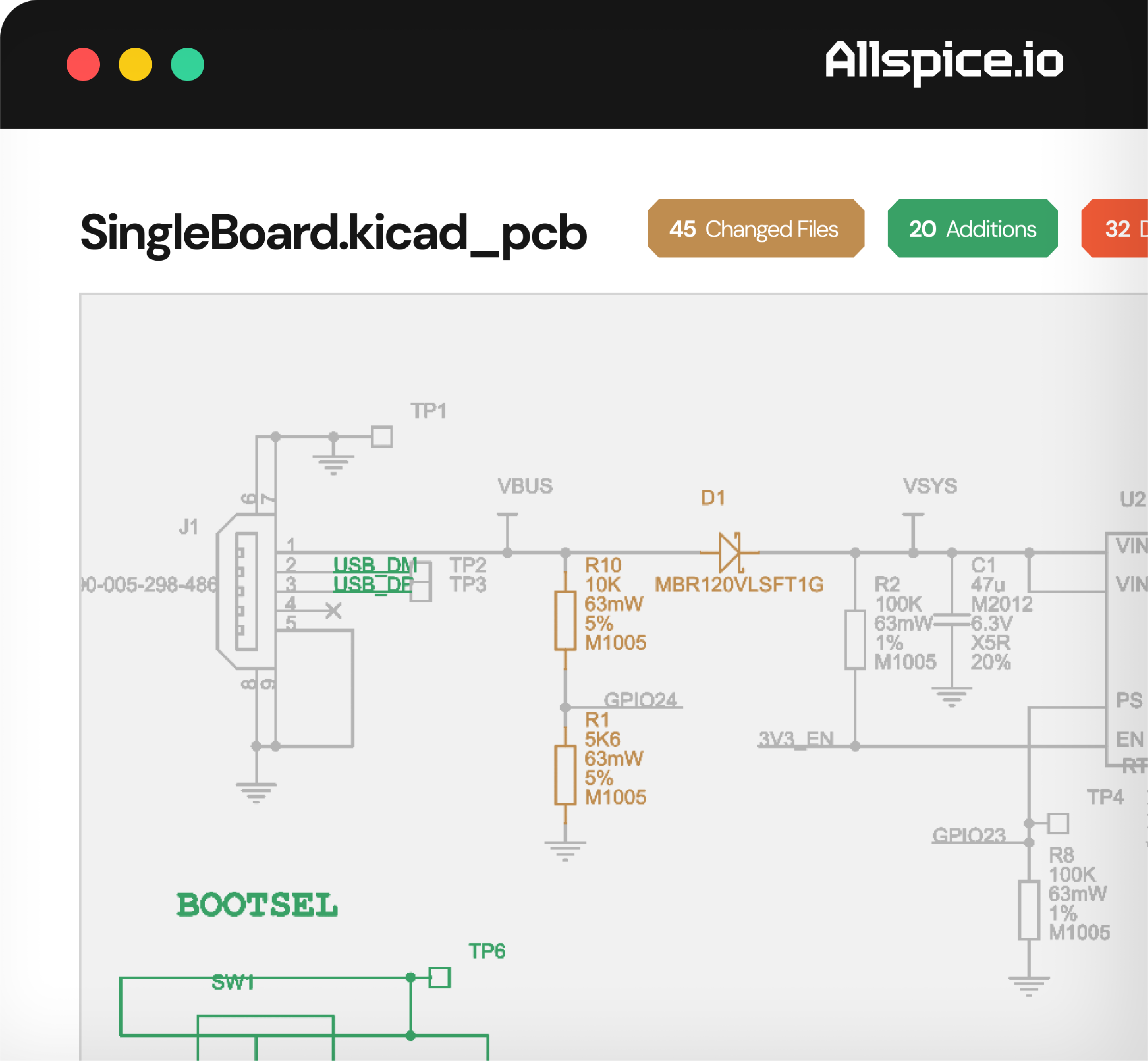 Screenshot of a circuit design software window titled 'SingleBoard.kicad_pcb' under the Allspice logo, showing a partial electronic schematic with components including resistors, a diode labeled MBR120VLSFT1G, and connections labeled USB_DM, USB_DP, VBUS, and BOOTSEL.