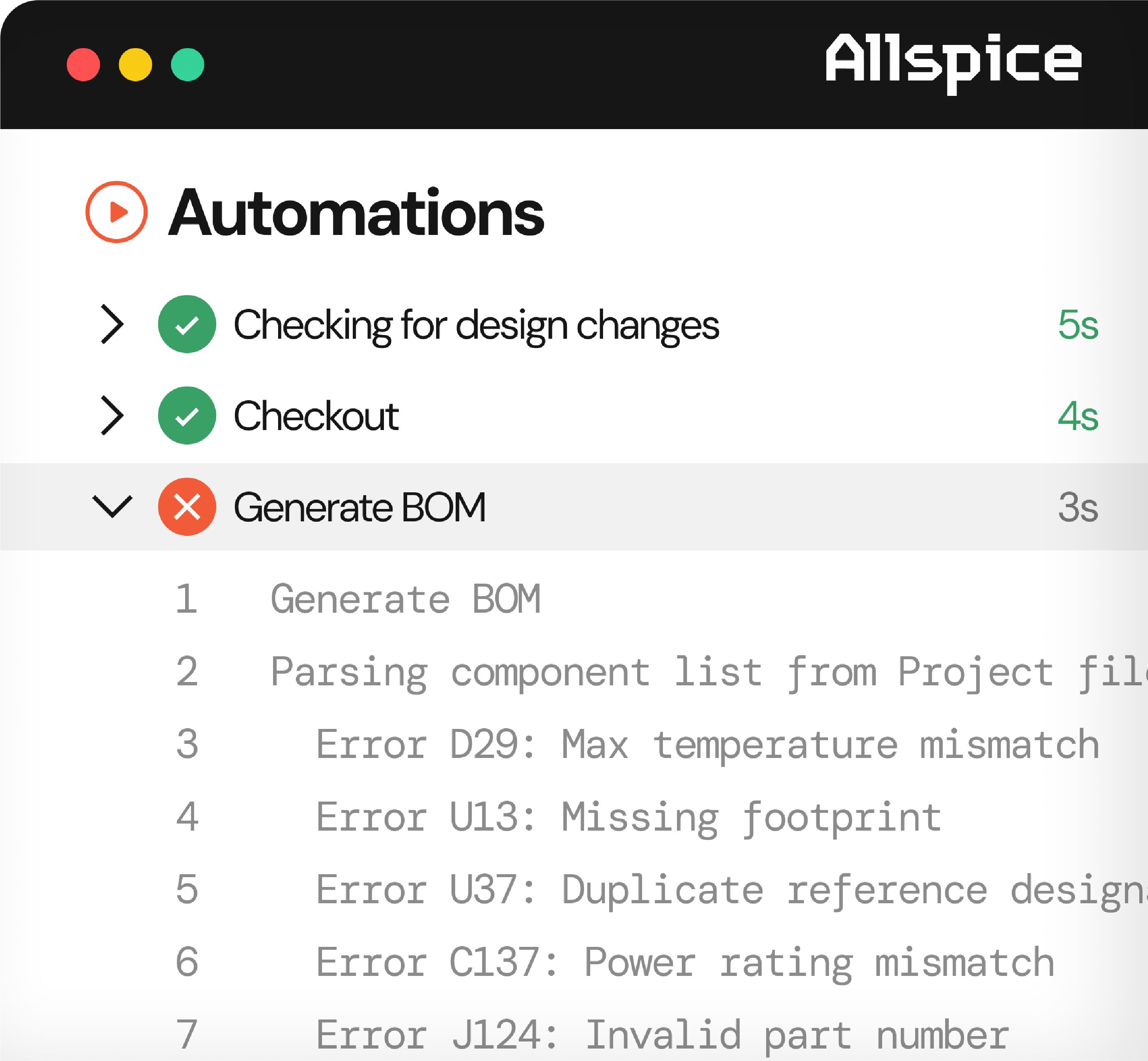 Screenshot of automation status interface from Allspice software showing three tasks: 'Checking for design changes' and 'Checkout' completed with green check marks and times of 5s and 4s respectively; 'Generate BOM' failed with a red X and time 3s, expanded to reveal errors including max temperature mismatch, missing footprint, duplicate reference designator, power rating mismatch, and invalid part number.