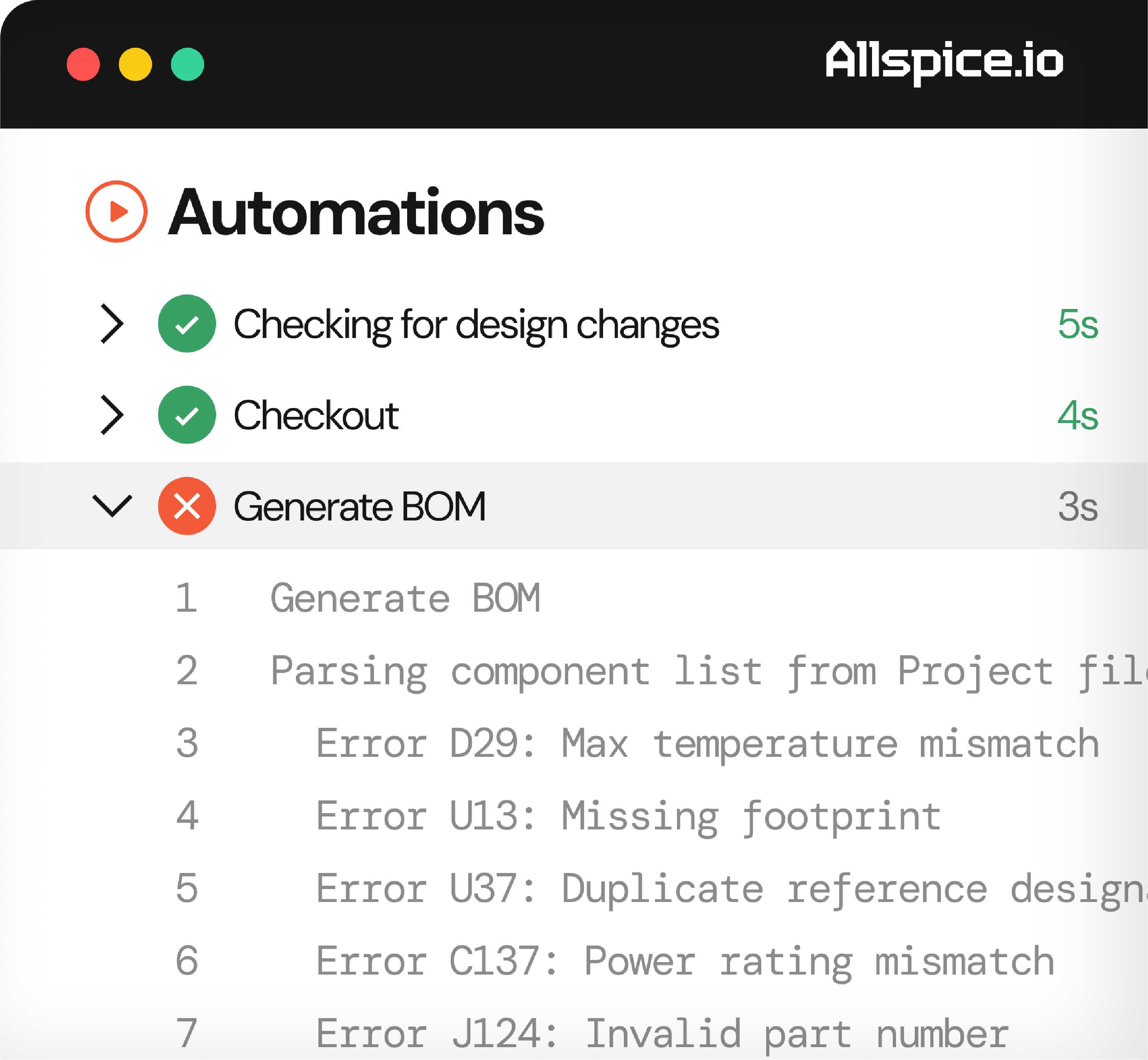 Screenshot of automation status interface from Allspice software showing three tasks: 'Checking for design changes' and 'Checkout' completed with green check marks and times of 5s and 4s respectively; 'Generate BOM' failed with a red X and time 3s, expanded to reveal errors including max temperature mismatch, missing footprint, duplicate reference designator, power rating mismatch, and invalid part number.