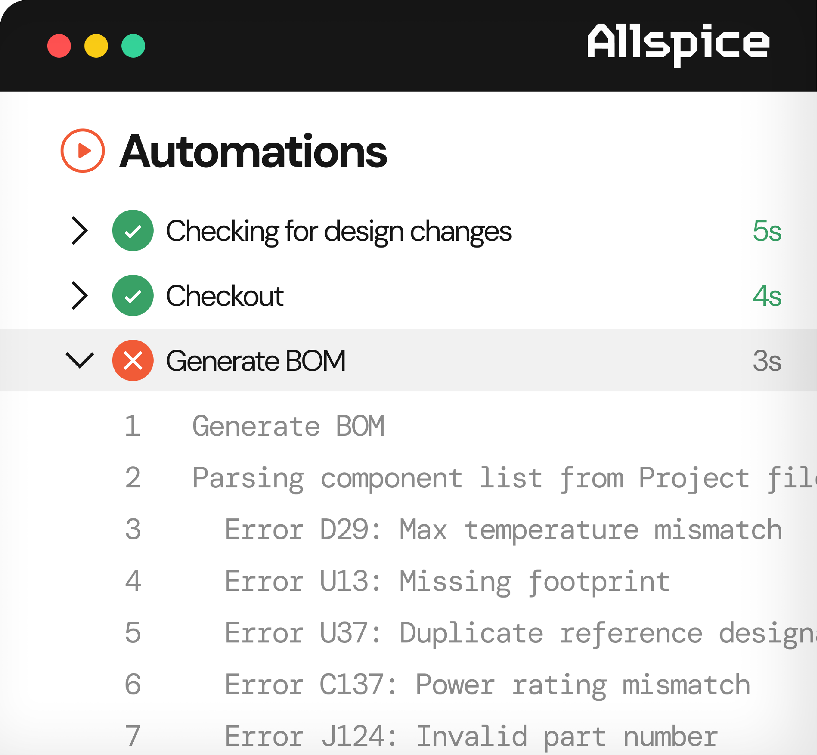 Screenshot of automation status interface from Allspice software showing three tasks: 'Checking for design changes' and 'Checkout' completed with green check marks and times of 5s and 4s respectively; 'Generate BOM' failed with a red X and time 3s, expanded to reveal errors including max temperature mismatch, missing footprint, duplicate reference designator, power rating mismatch, and invalid part number.